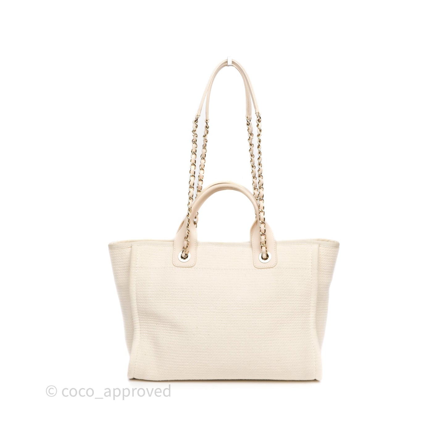Chanel New Small Deauville Cream Ivory Canvas Light Gold Hardware