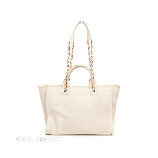Chanel New Small Deauville Cream Ivory Canvas Light Gold Hardware