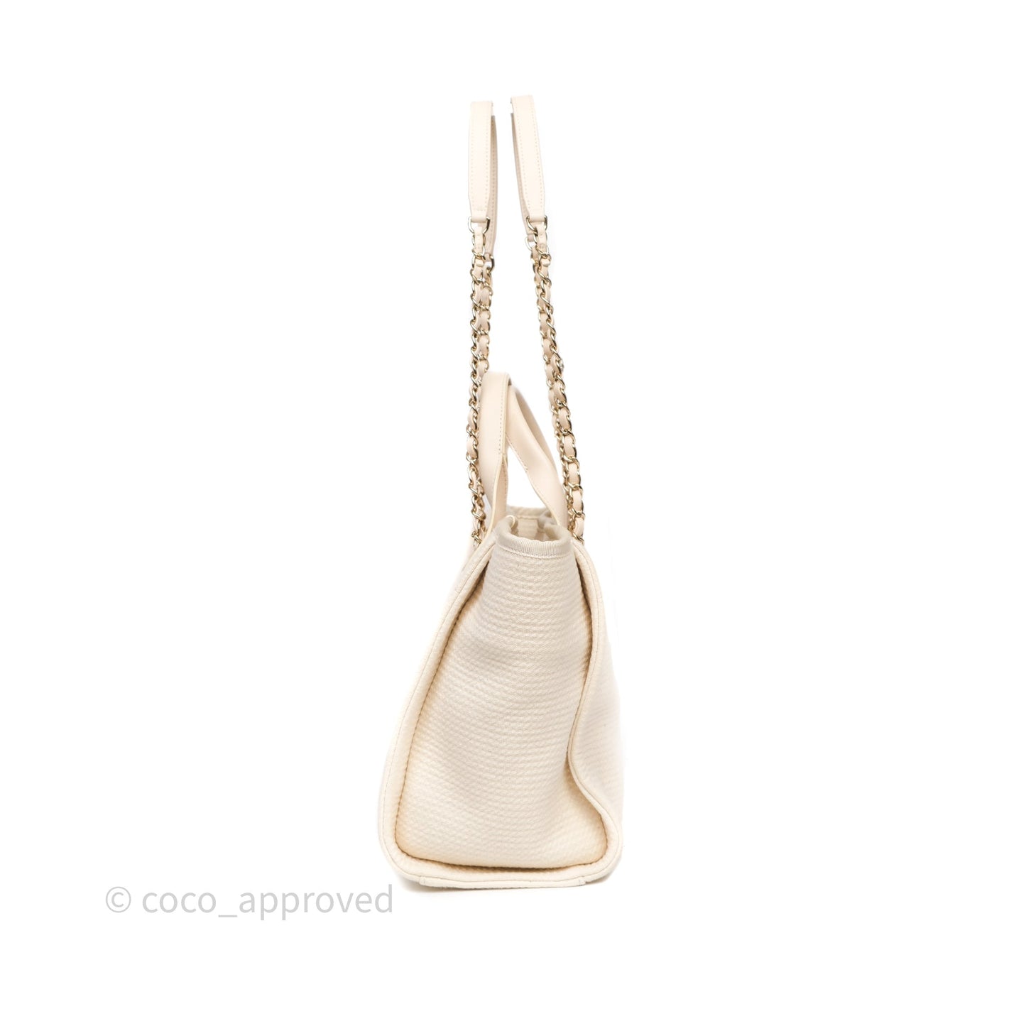 Chanel New Small Deauville Cream Ivory Canvas Light Gold Hardware