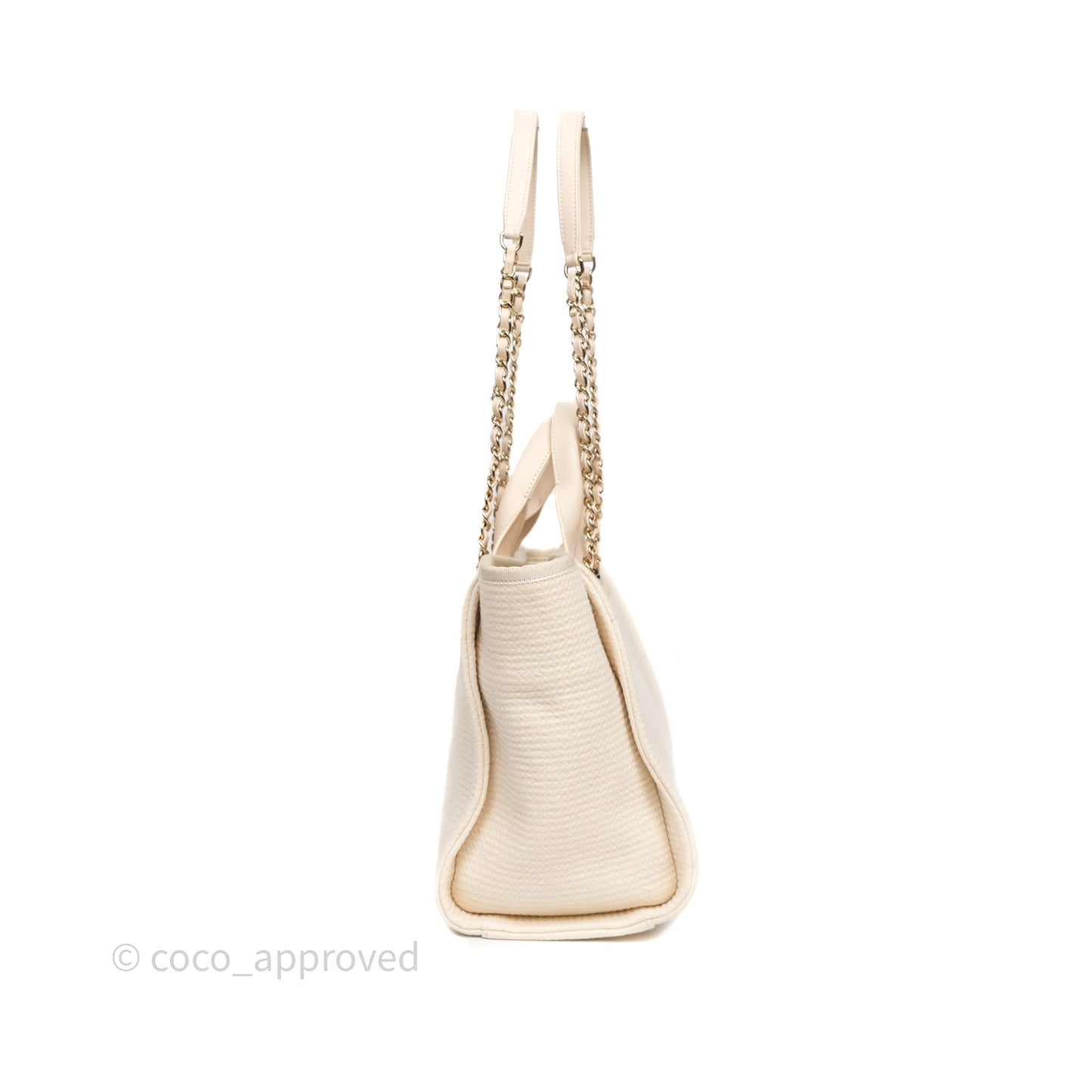Chanel New Small Deauville Cream Ivory Canvas Light Gold Hardware
