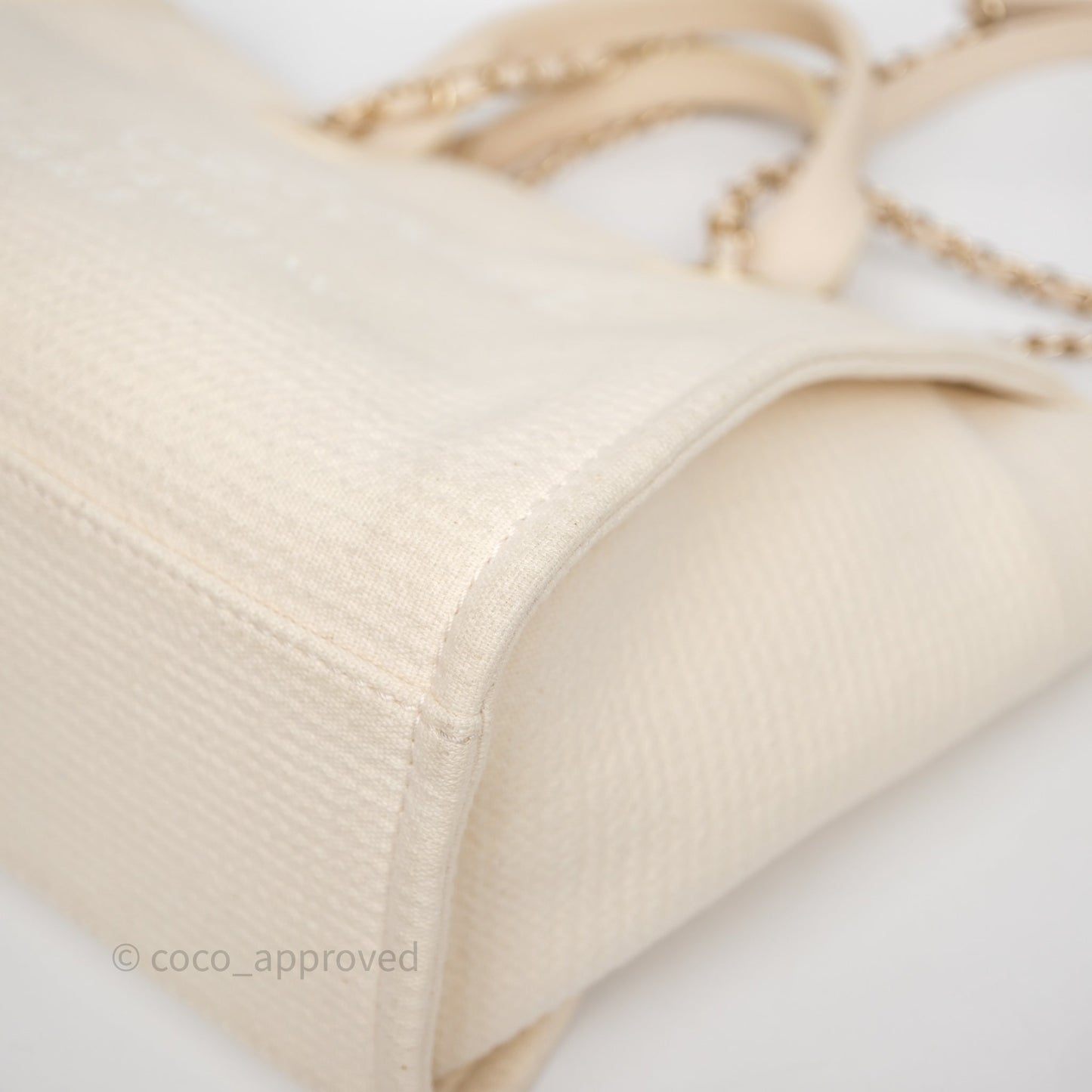 Chanel New Small Deauville Cream Ivory Canvas Light Gold Hardware