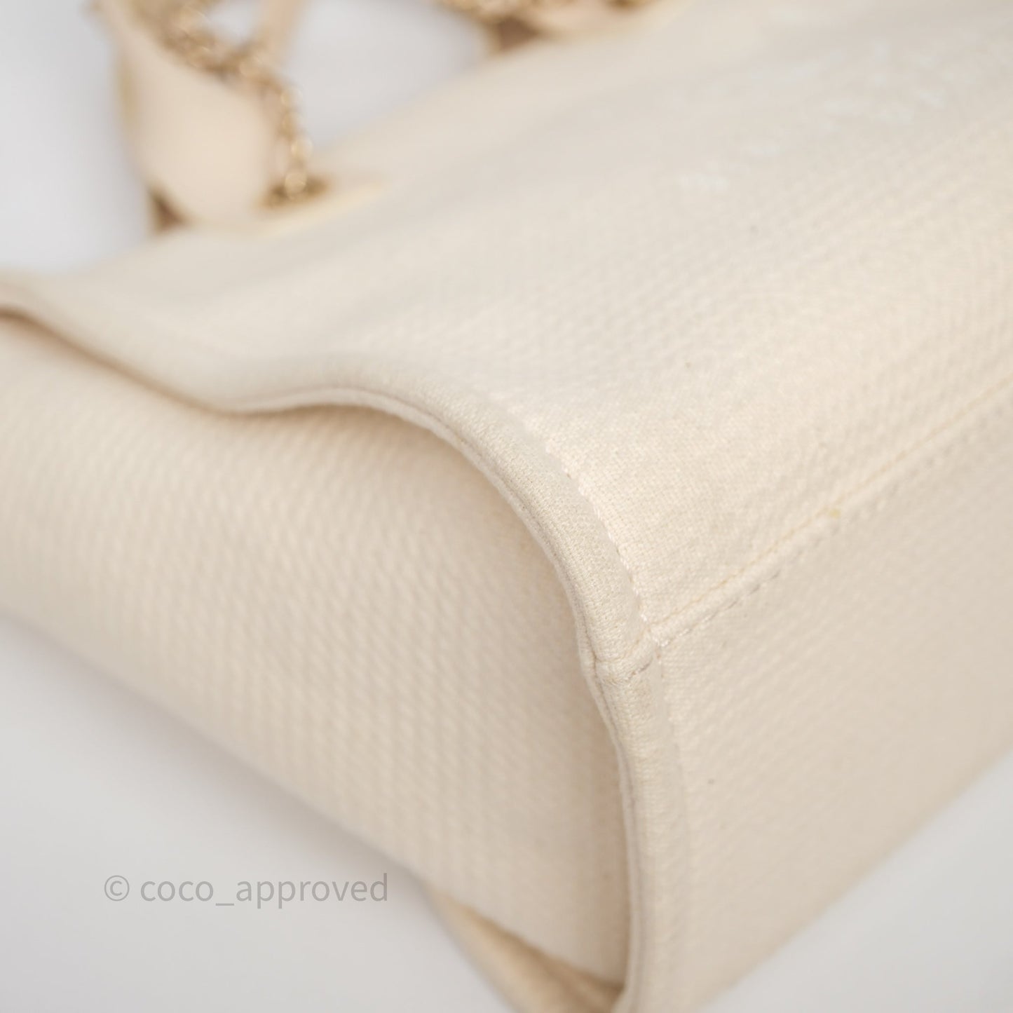 Chanel New Small Deauville Cream Ivory Canvas Light Gold Hardware