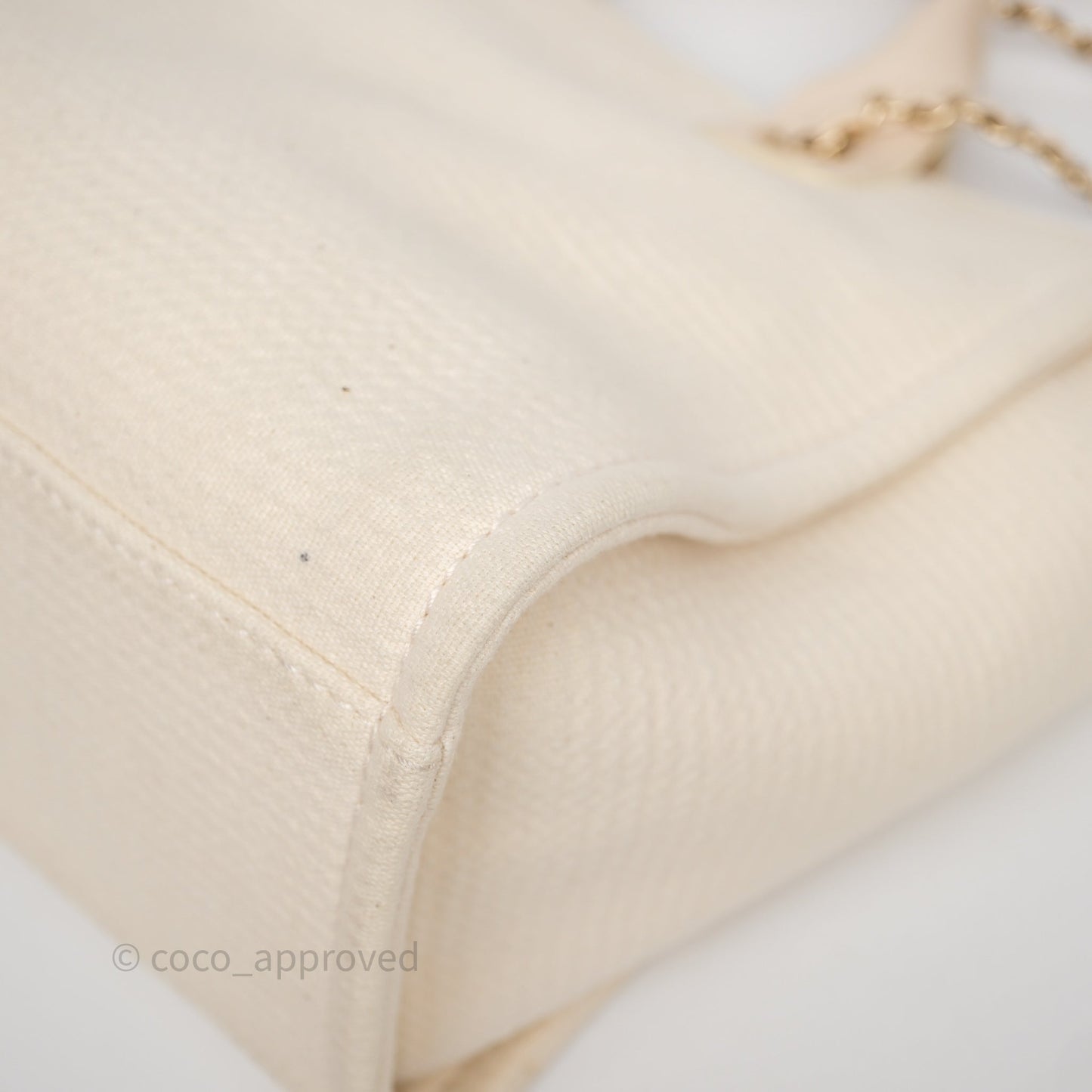Chanel New Small Deauville Cream Ivory Canvas Light Gold Hardware