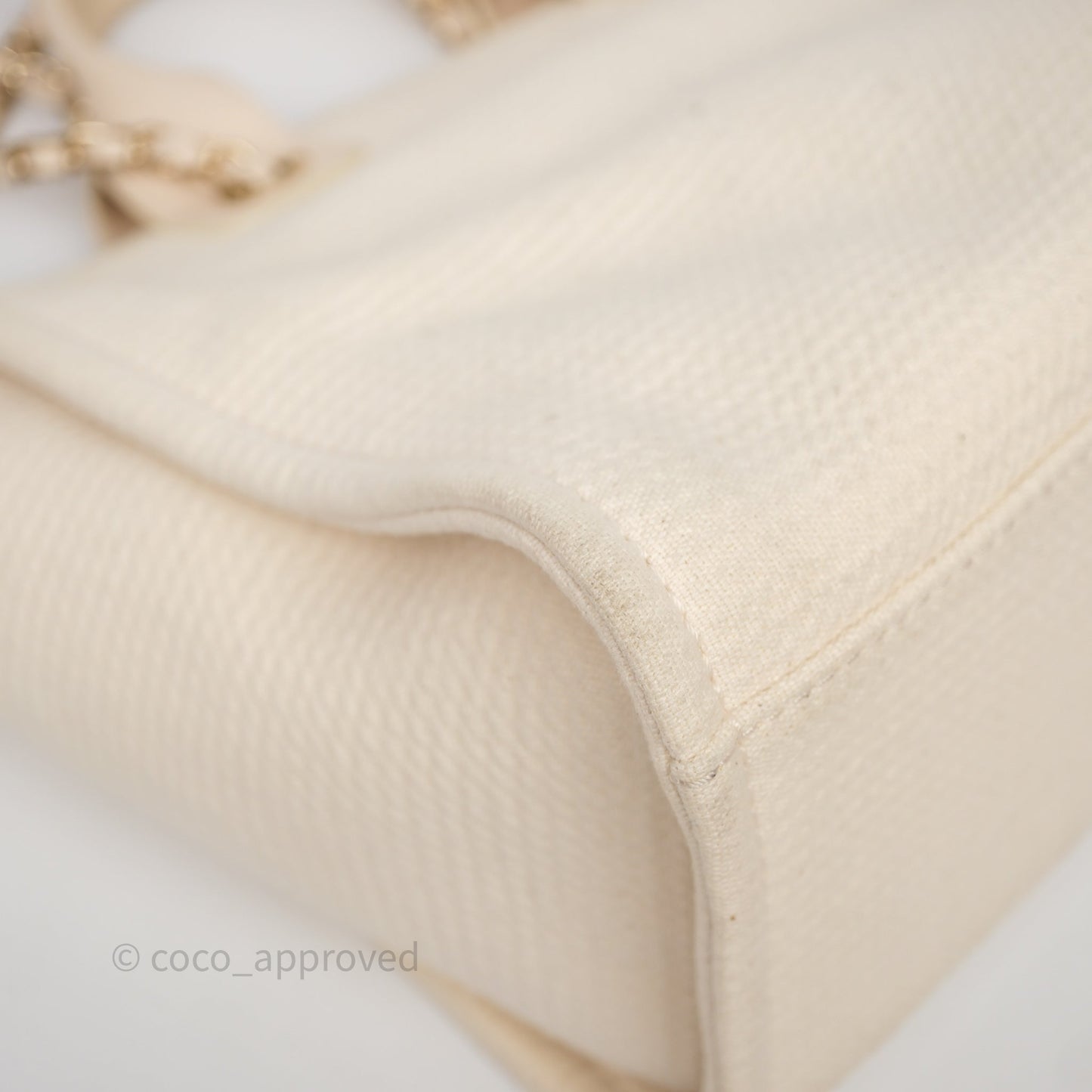 Chanel New Small Deauville Cream Ivory Canvas Light Gold Hardware