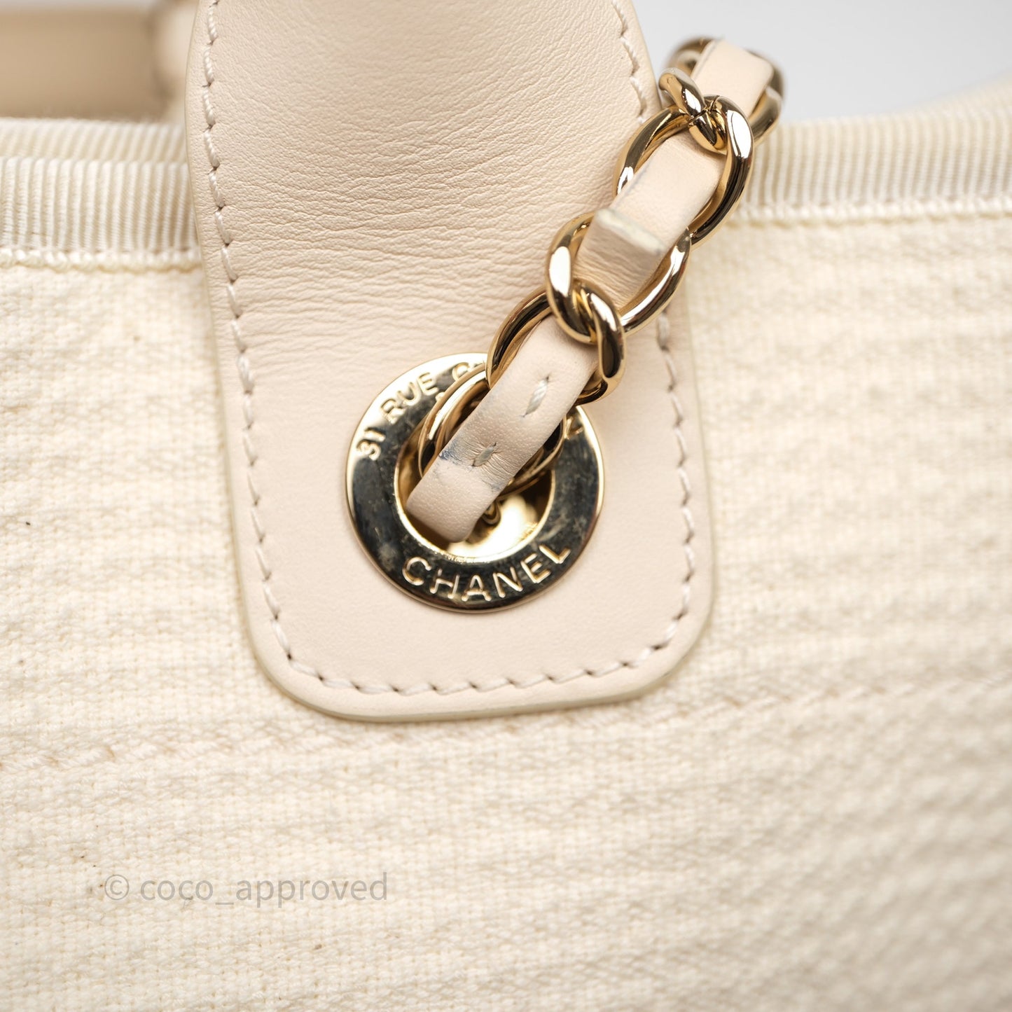 Chanel New Small Deauville Cream Ivory Canvas Light Gold Hardware