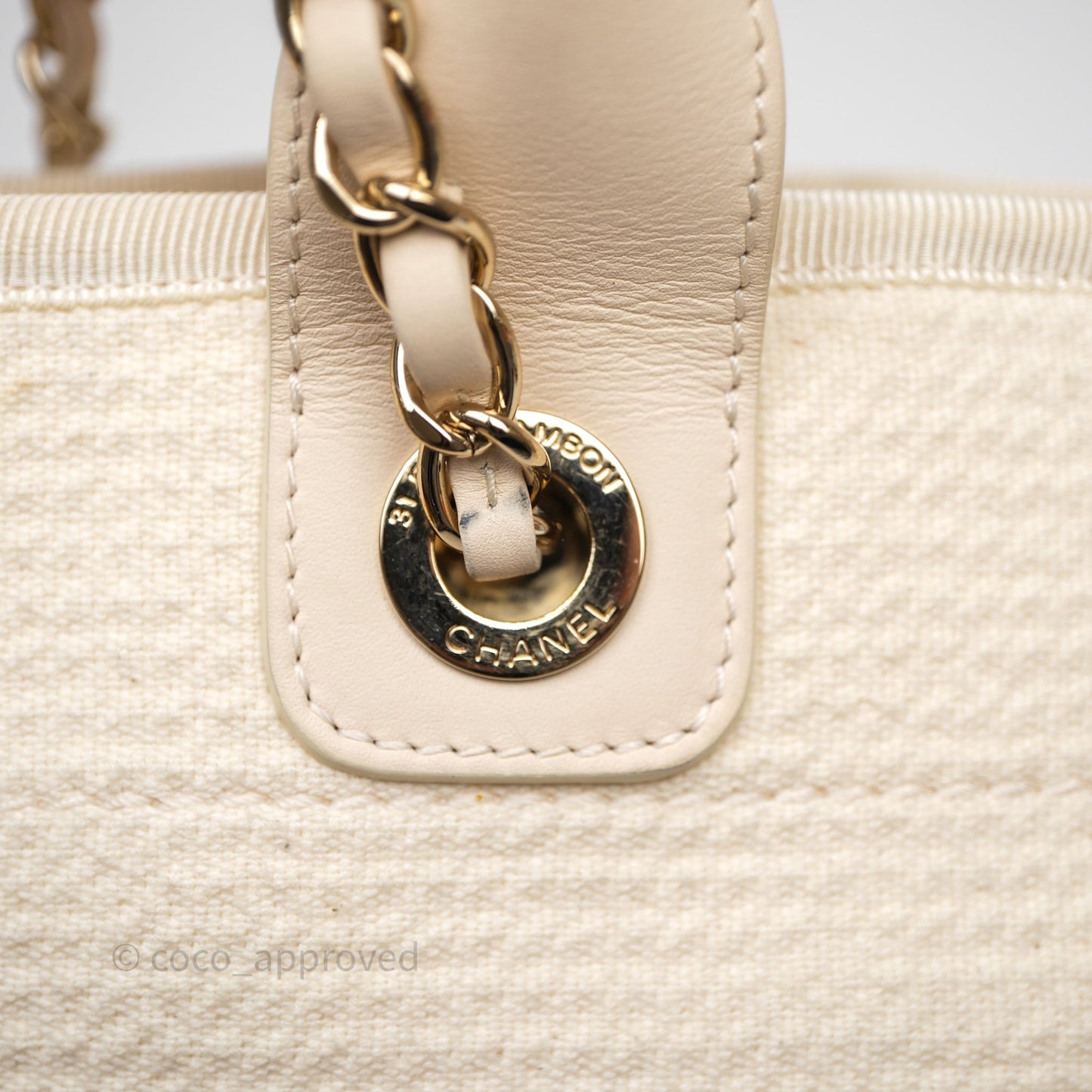 Chanel New Small Deauville Cream Ivory Canvas Light Gold Hardware