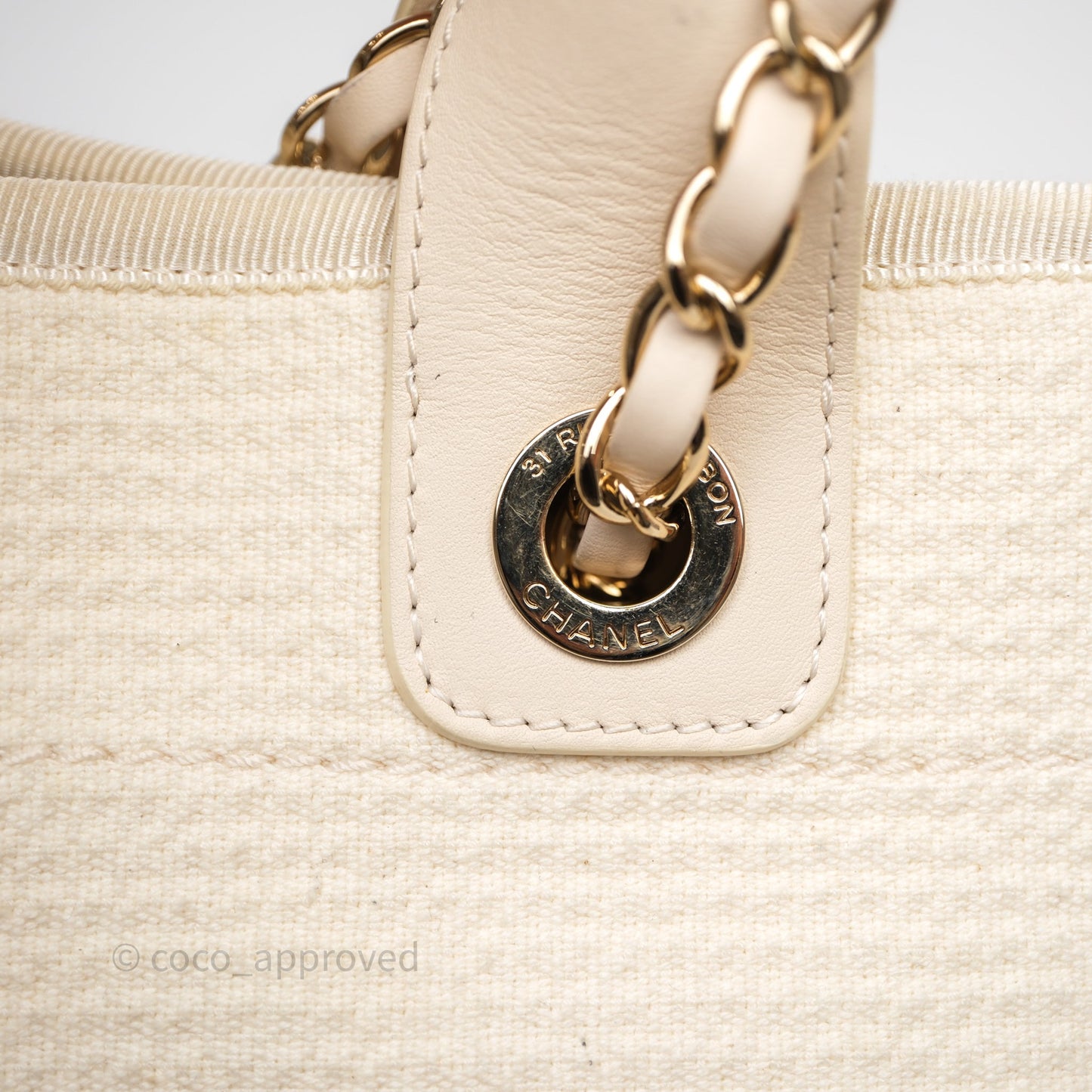 Chanel New Small Deauville Cream Ivory Canvas Light Gold Hardware
