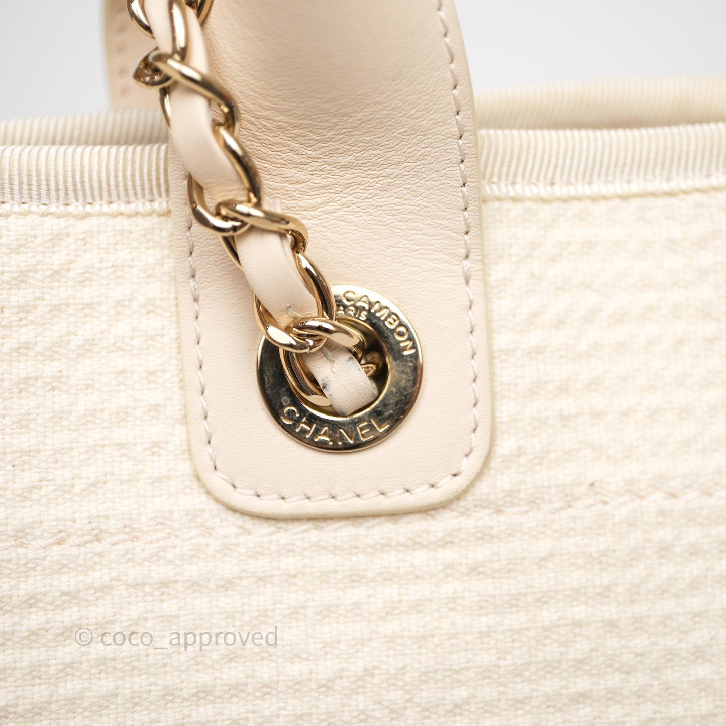 Chanel New Small Deauville Cream Ivory Canvas Light Gold Hardware