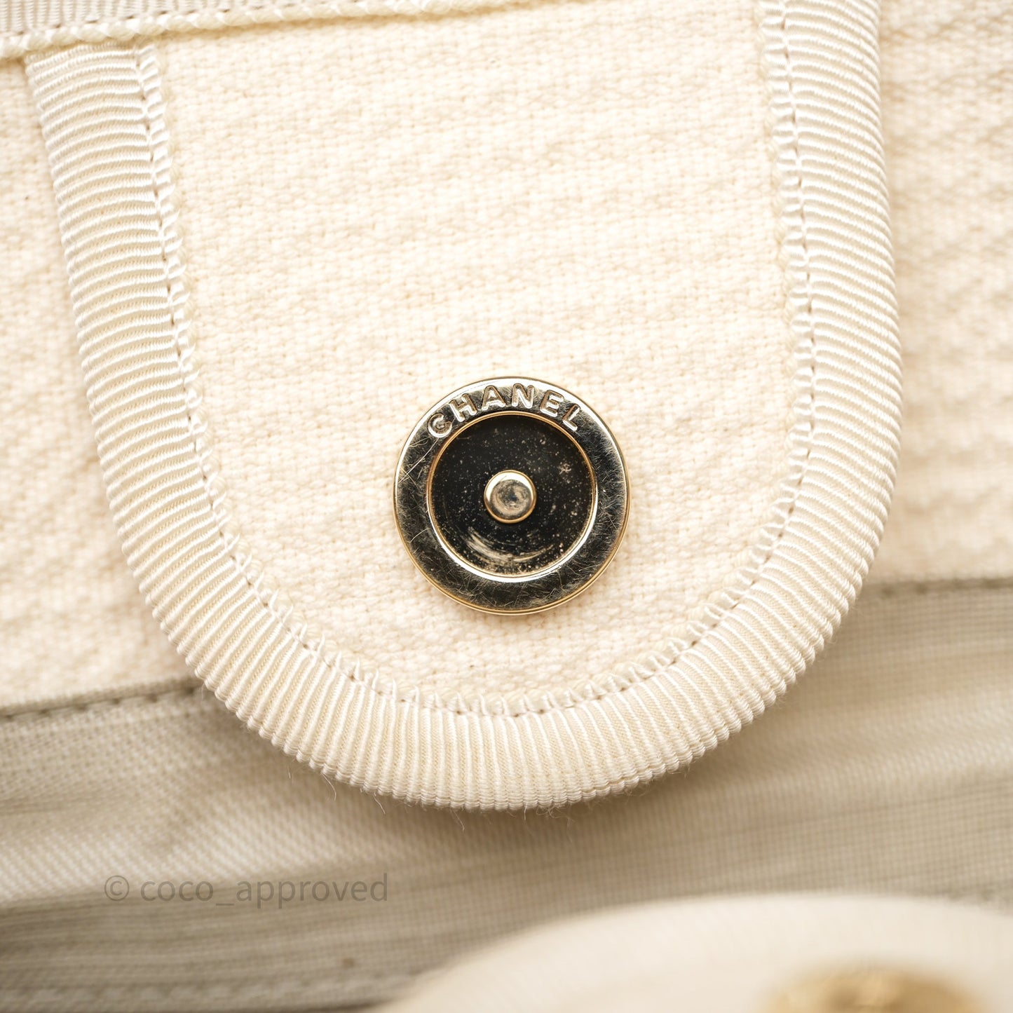 Chanel New Small Deauville Cream Ivory Canvas Light Gold Hardware