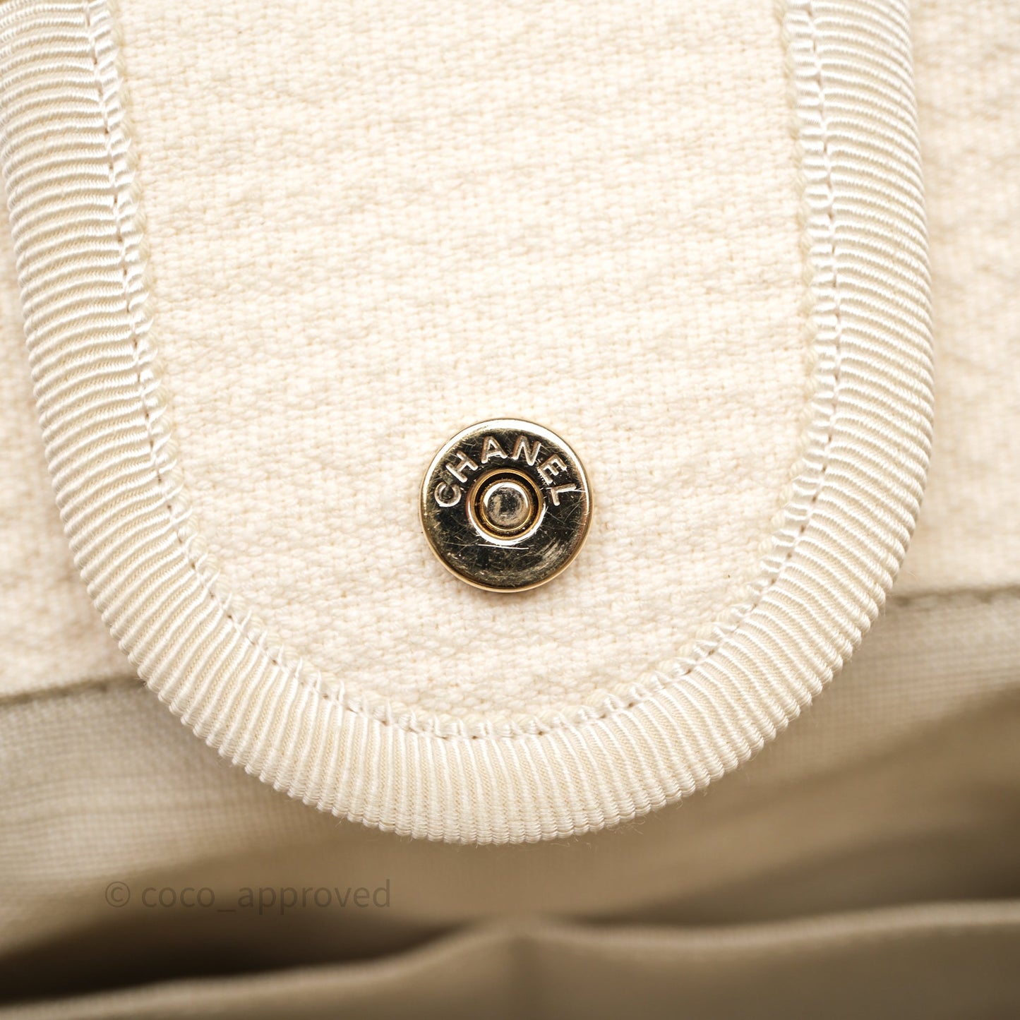 Chanel New Small Deauville Cream Ivory Canvas Light Gold Hardware