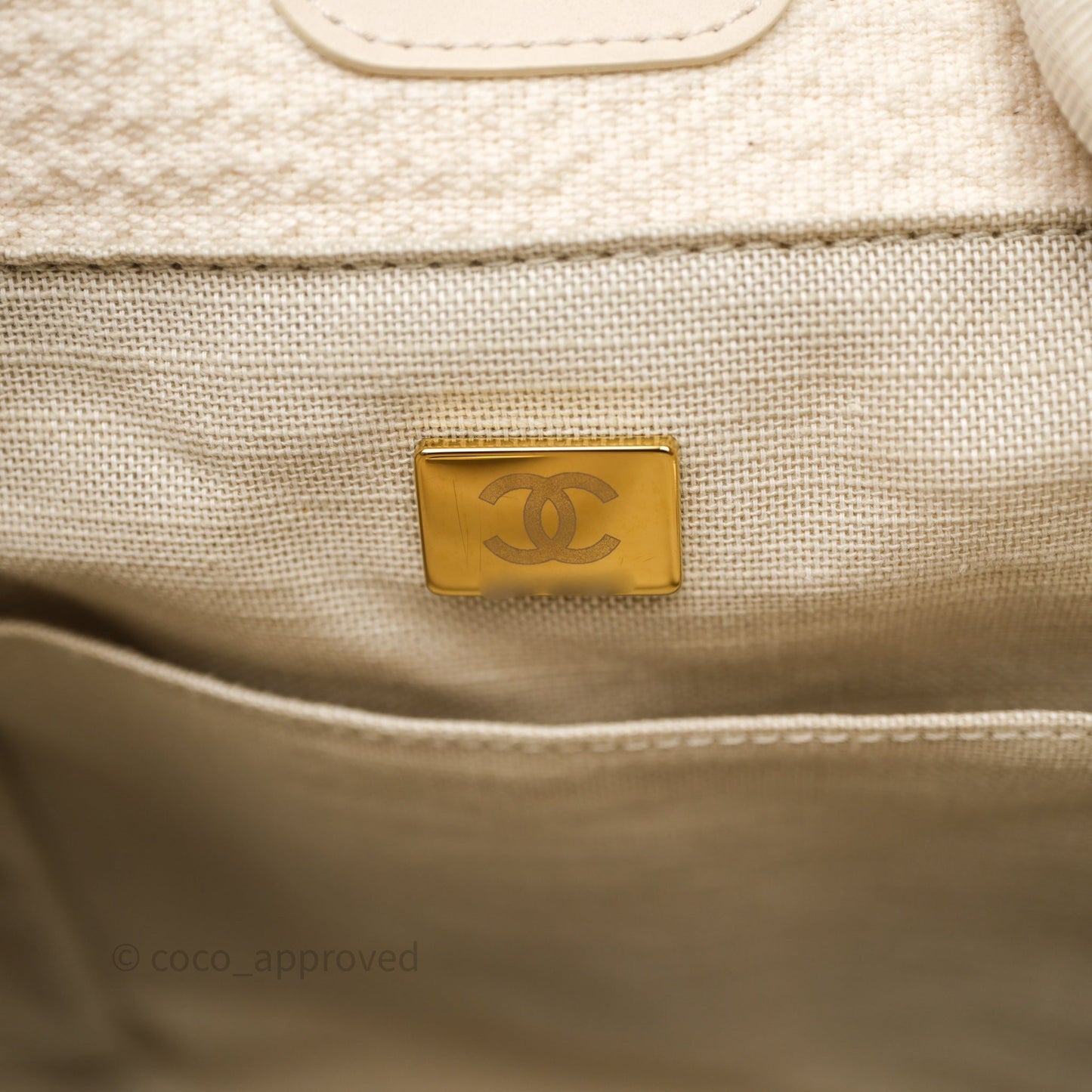 Chanel New Small Deauville Cream Ivory Canvas Light Gold Hardware