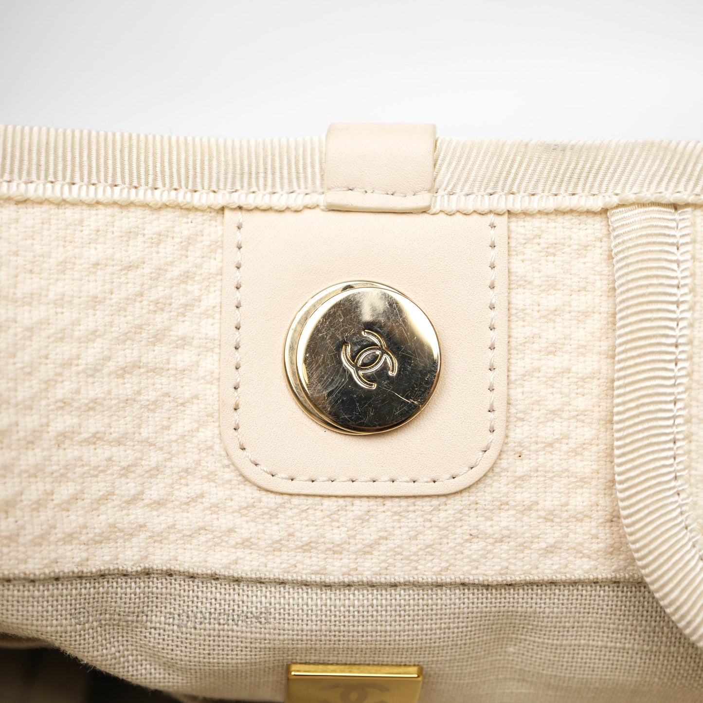 Chanel New Small Deauville Cream Ivory Canvas Light Gold Hardware