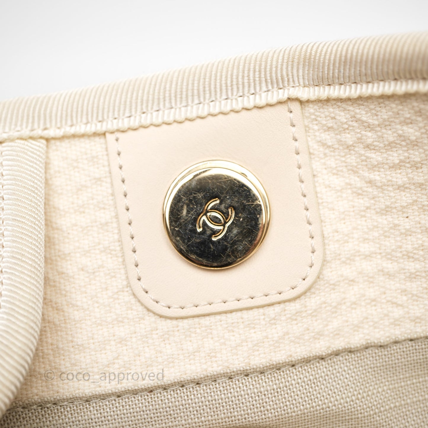 Chanel New Small Deauville Cream Ivory Canvas Light Gold Hardware