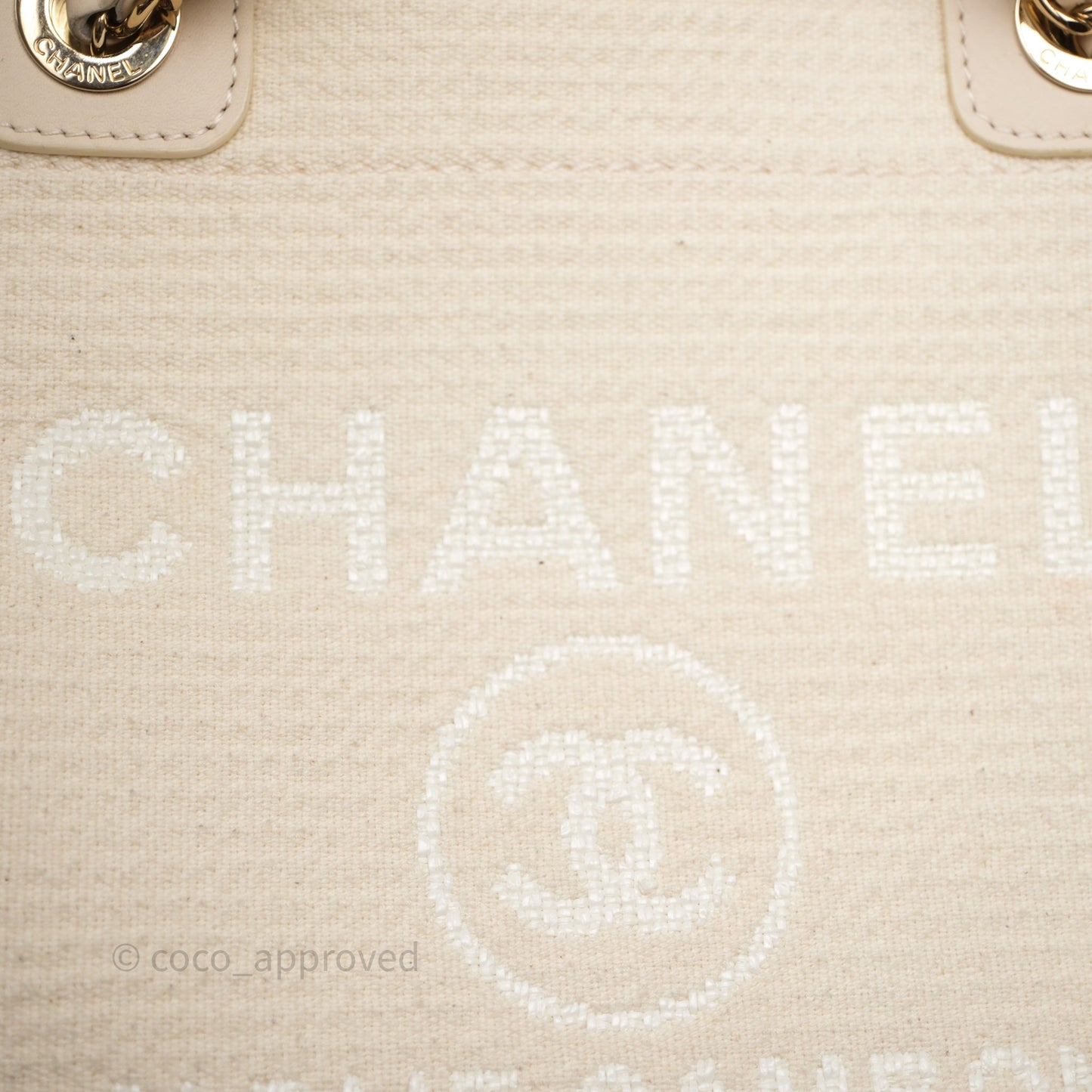 Chanel New Small Deauville Cream Ivory Canvas Light Gold Hardware