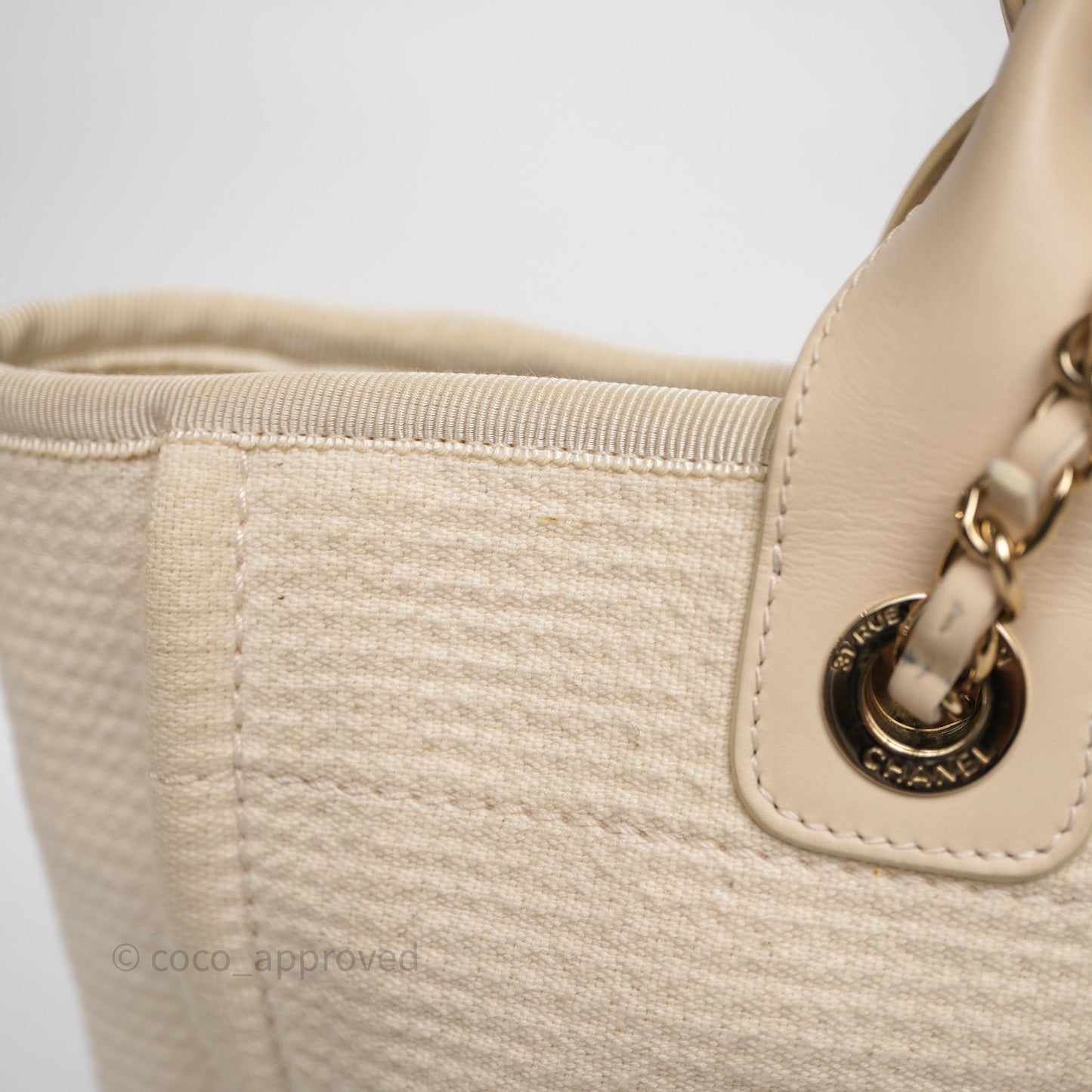Chanel New Small Deauville Cream Ivory Canvas Light Gold Hardware