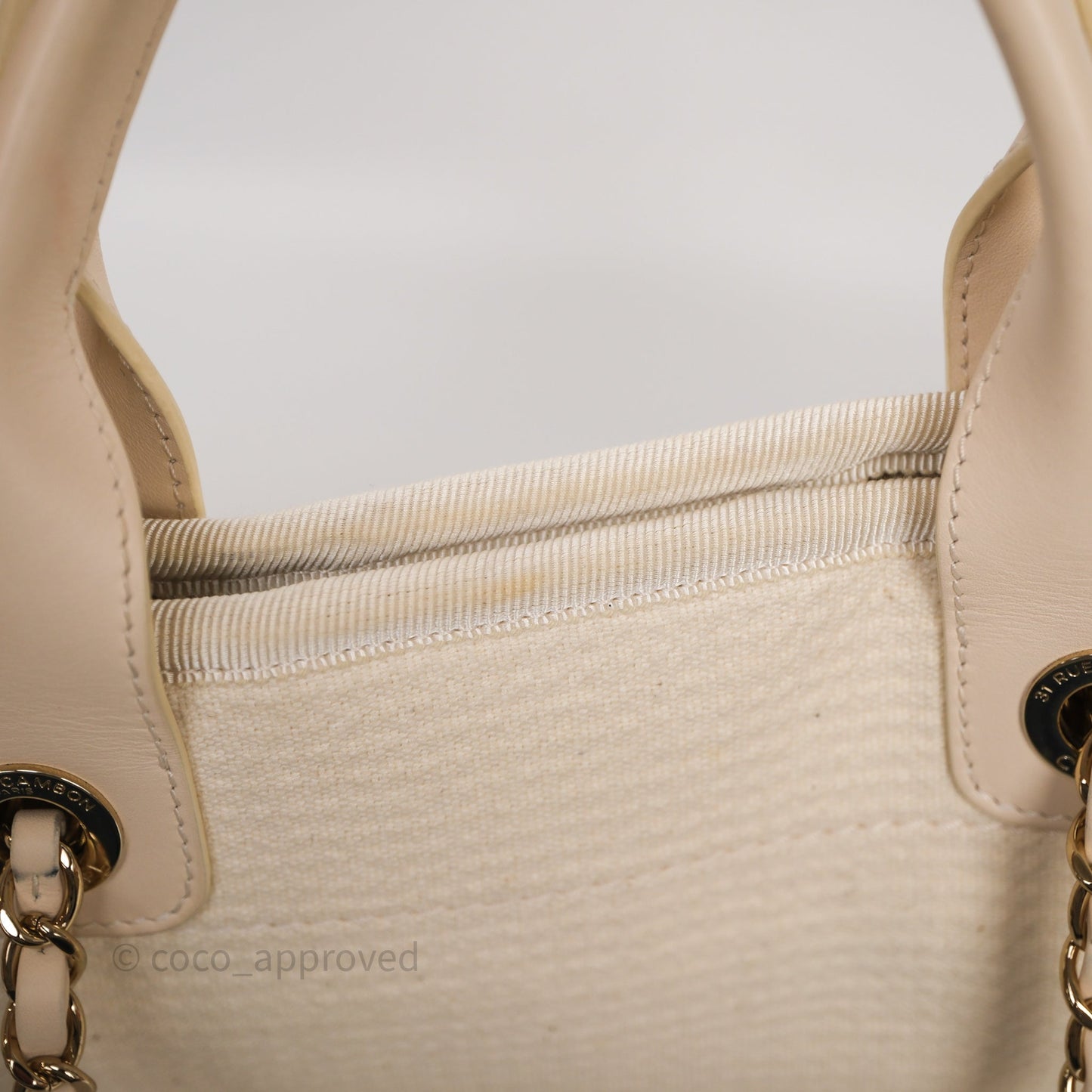 Chanel New Small Deauville Cream Ivory Canvas Light Gold Hardware