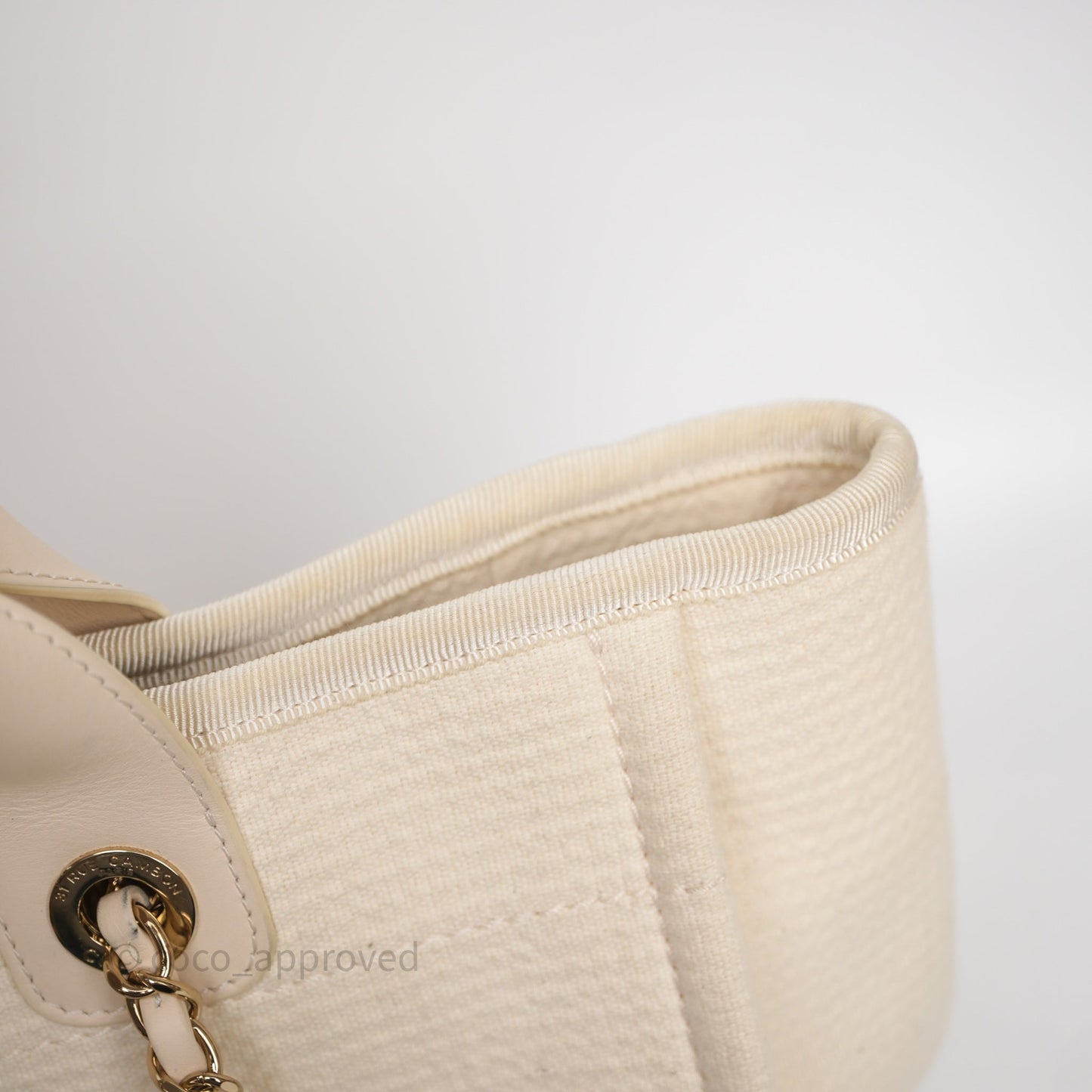 Chanel New Small Deauville Cream Ivory Canvas Light Gold Hardware