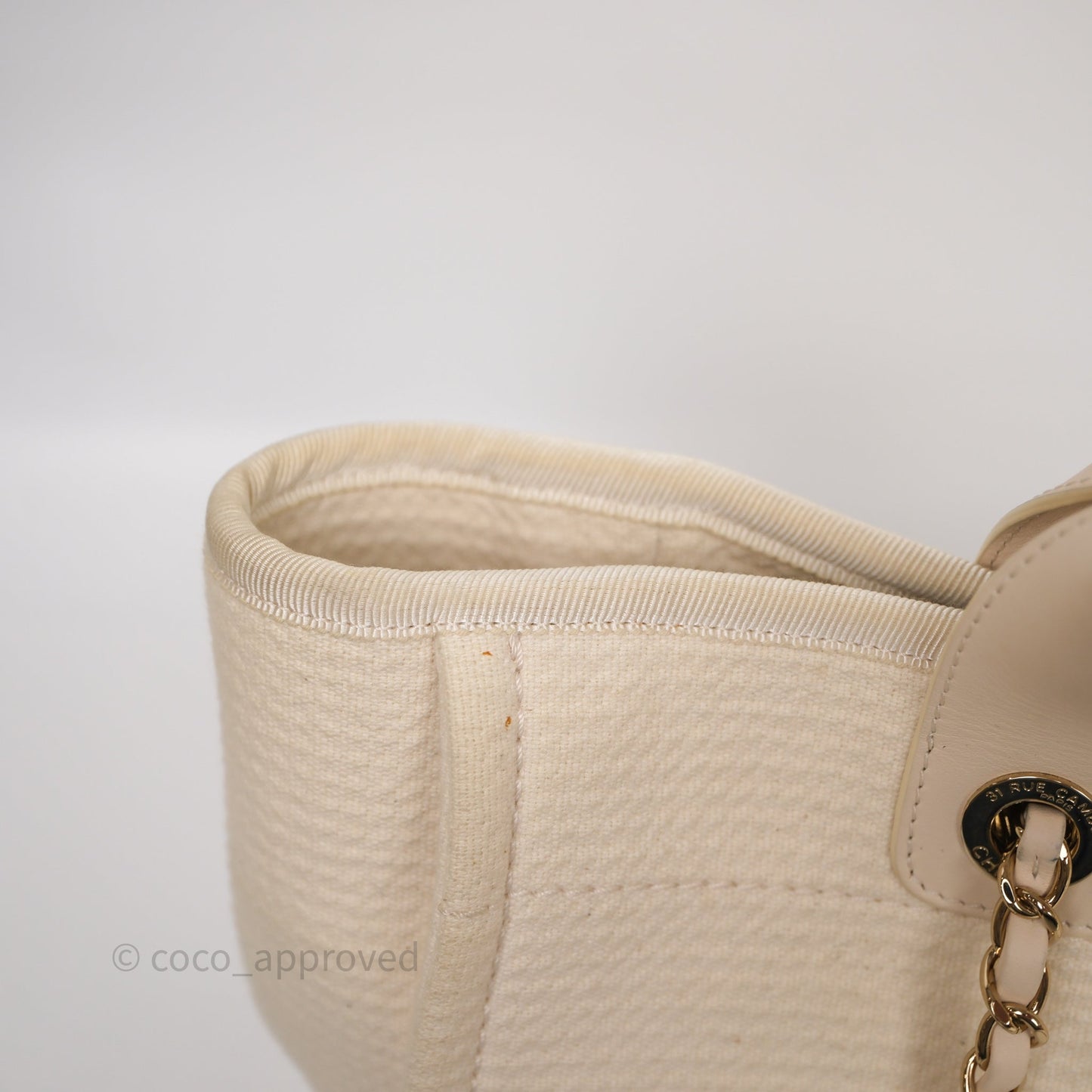 Chanel New Small Deauville Cream Ivory Canvas Light Gold Hardware