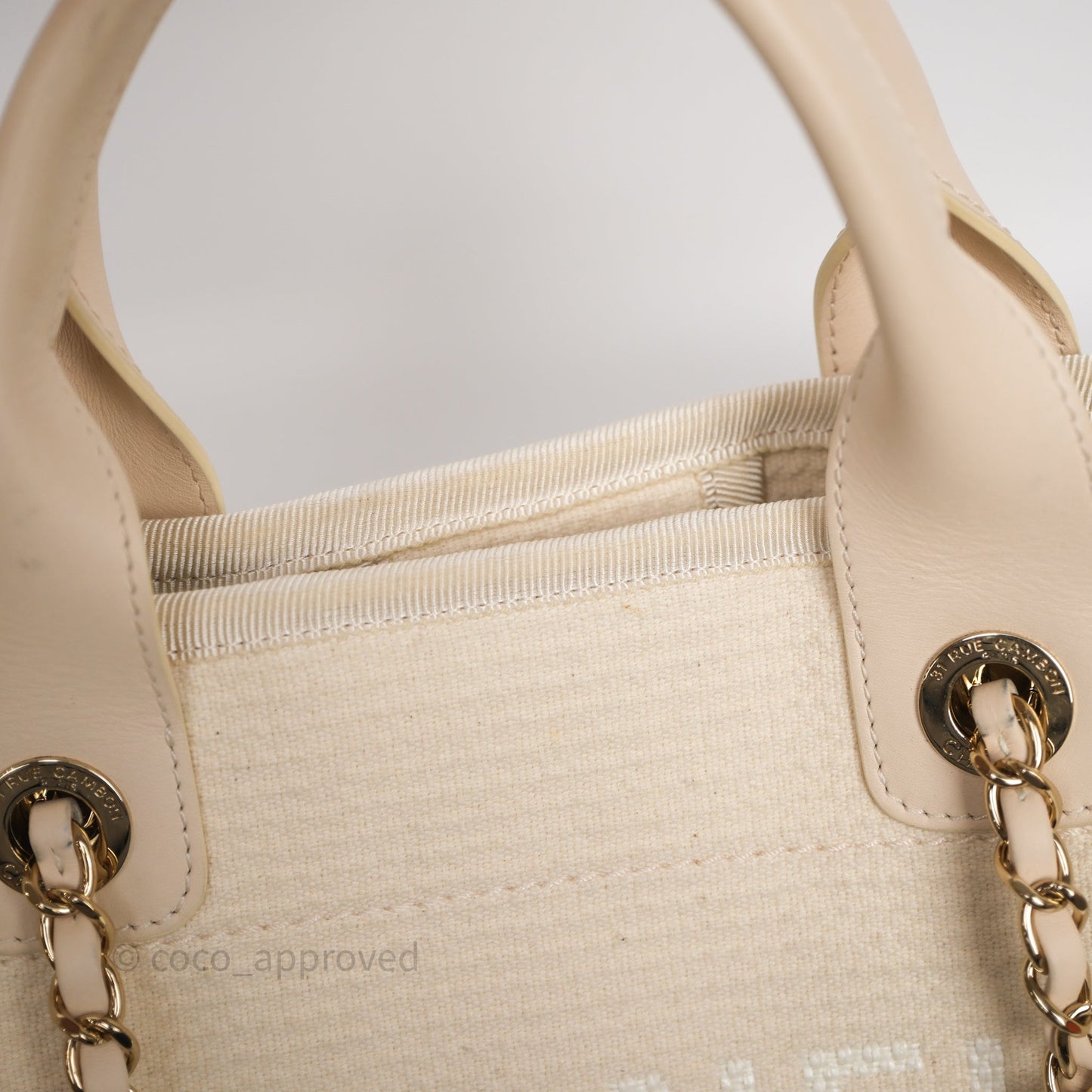 Chanel New Small Deauville Cream Ivory Canvas Light Gold Hardware