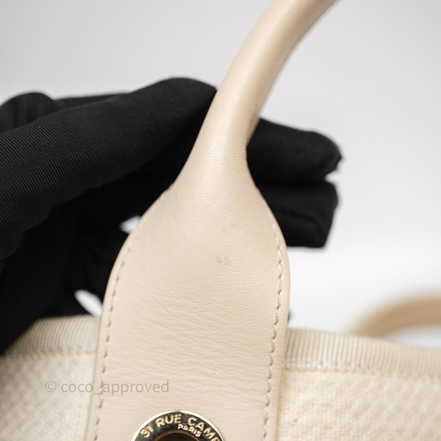 Chanel New Small Deauville Cream Ivory Canvas Light Gold Hardware