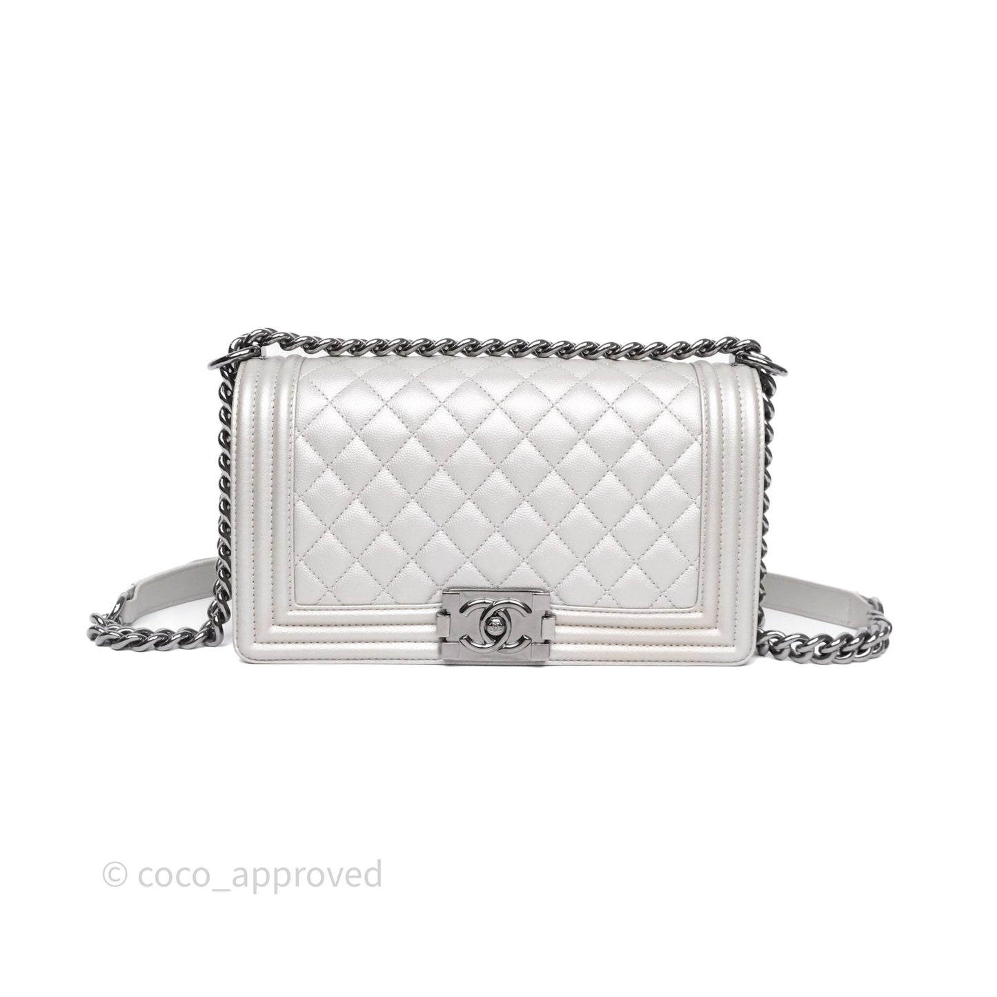 Chanel Medium Boy Quilted Iridescent Silver Caviar Silver Hardware