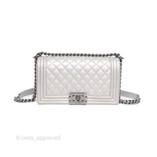 Chanel Medium Boy Quilted Iridescent Silver Caviar Silver Hardware