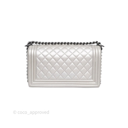 Chanel Medium Boy Quilted Iridescent Silver Caviar Silver Hardware