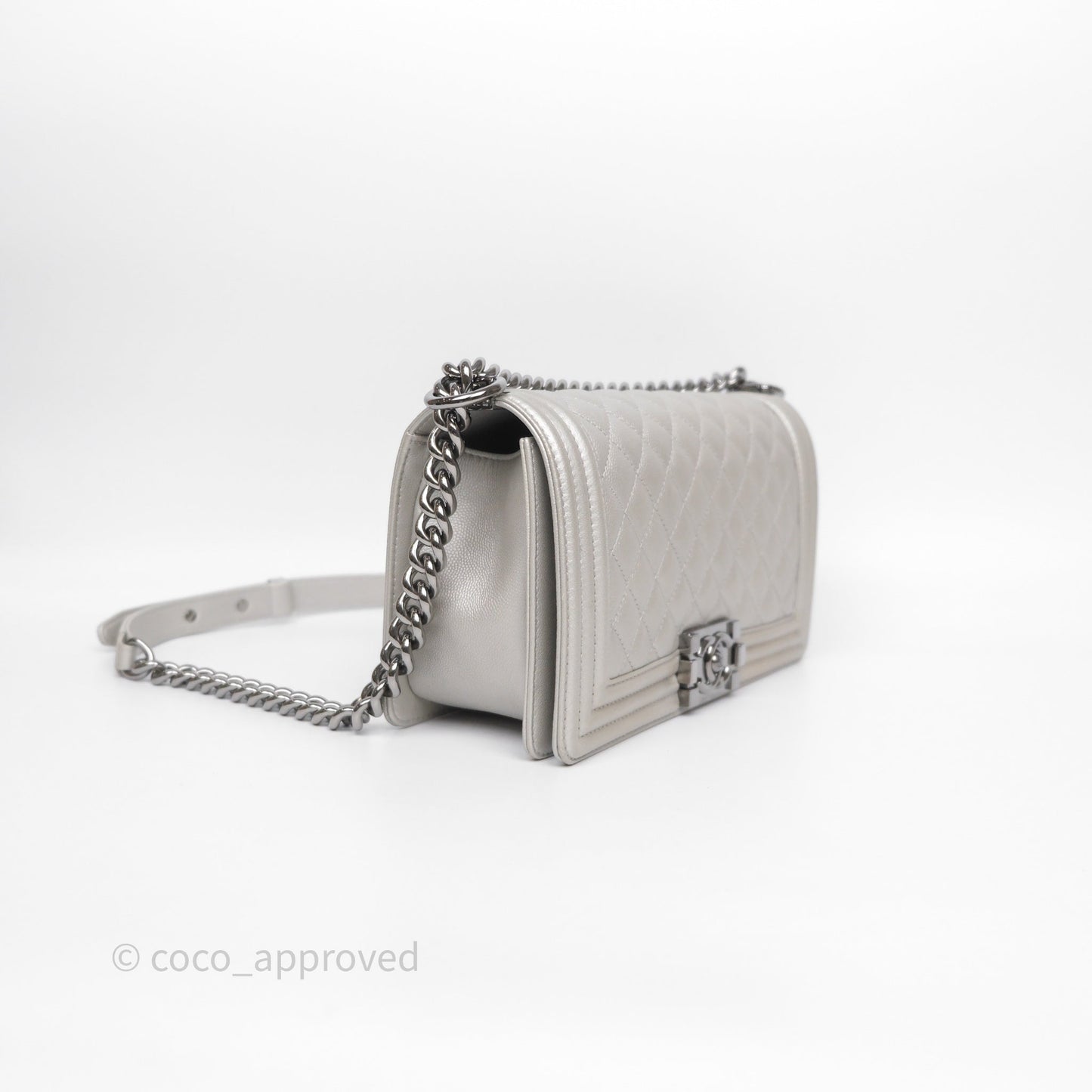 Chanel Medium Boy Quilted Iridescent Silver Caviar Silver Hardware