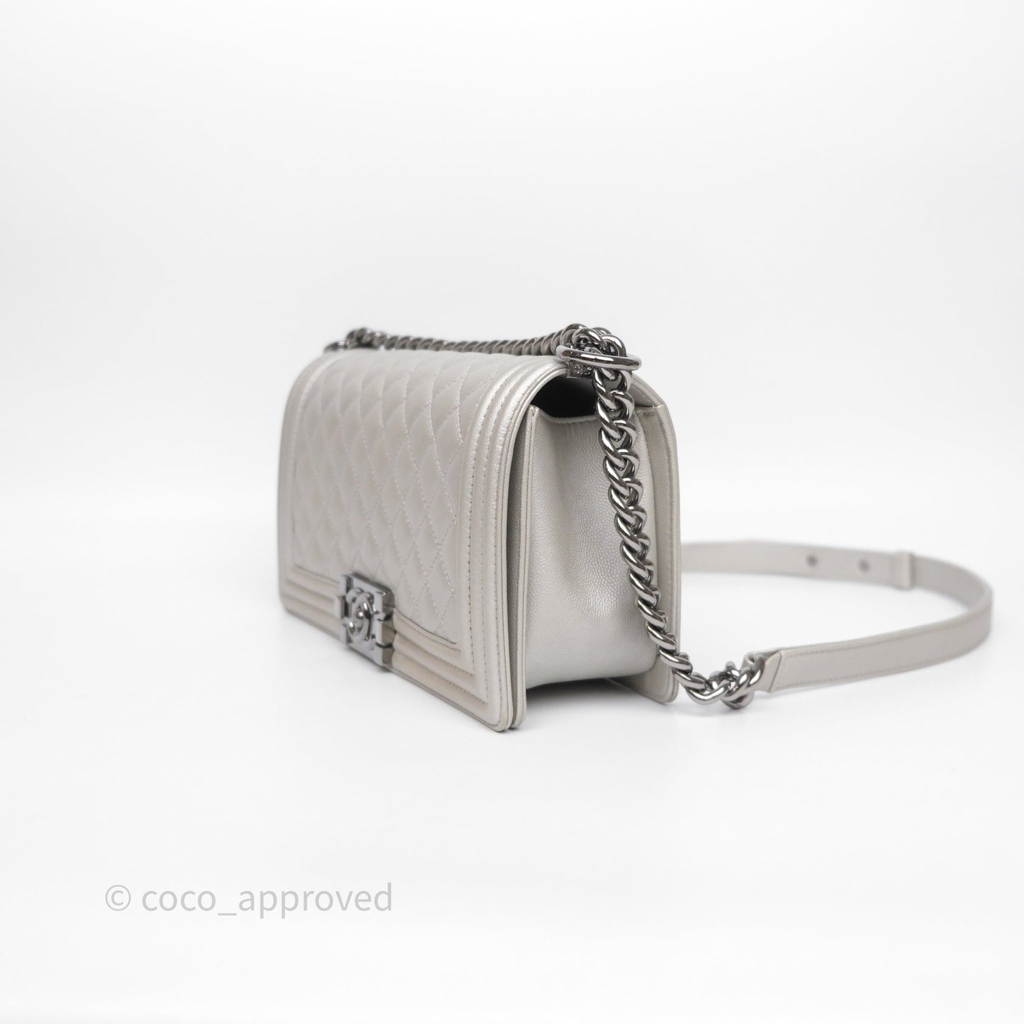 Chanel Medium Boy Quilted Iridescent Silver Caviar Silver Hardware
