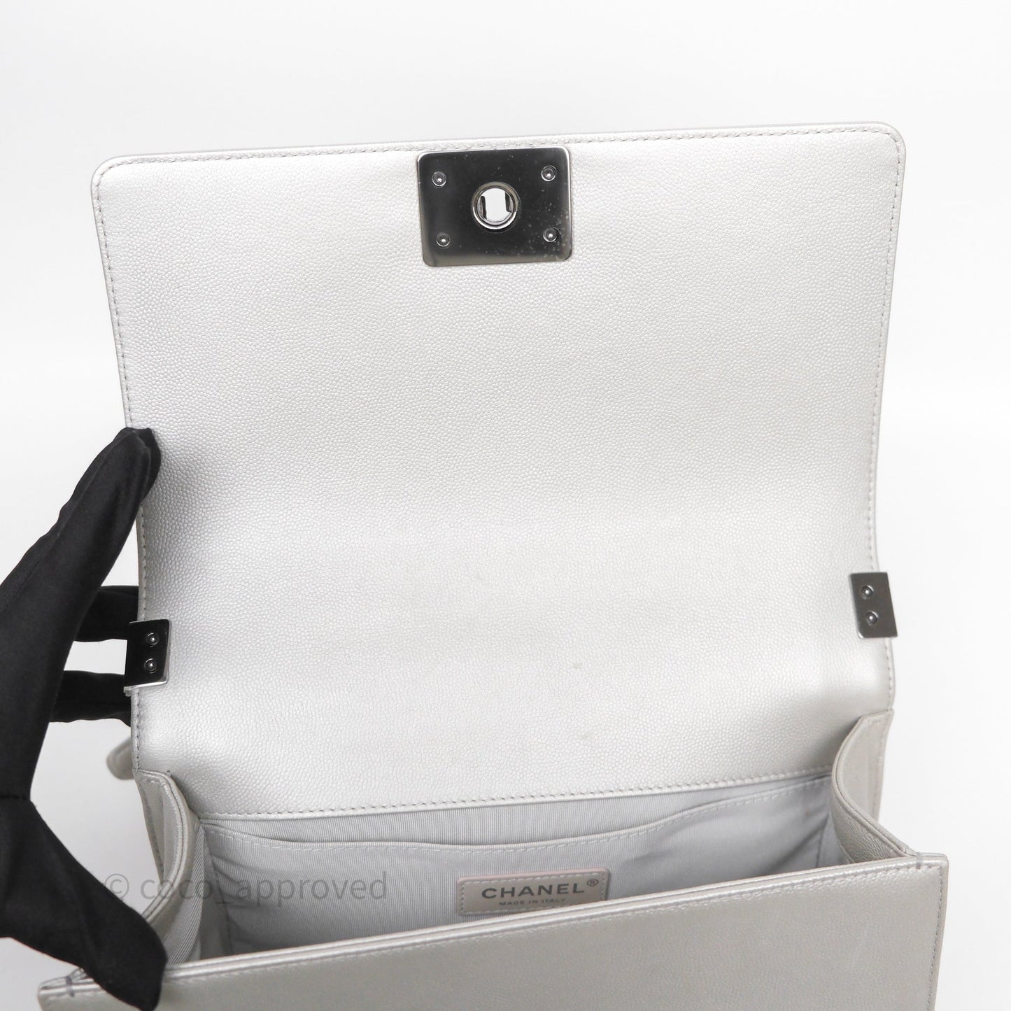 Chanel Medium Boy Quilted Iridescent Silver Caviar Silver Hardware
