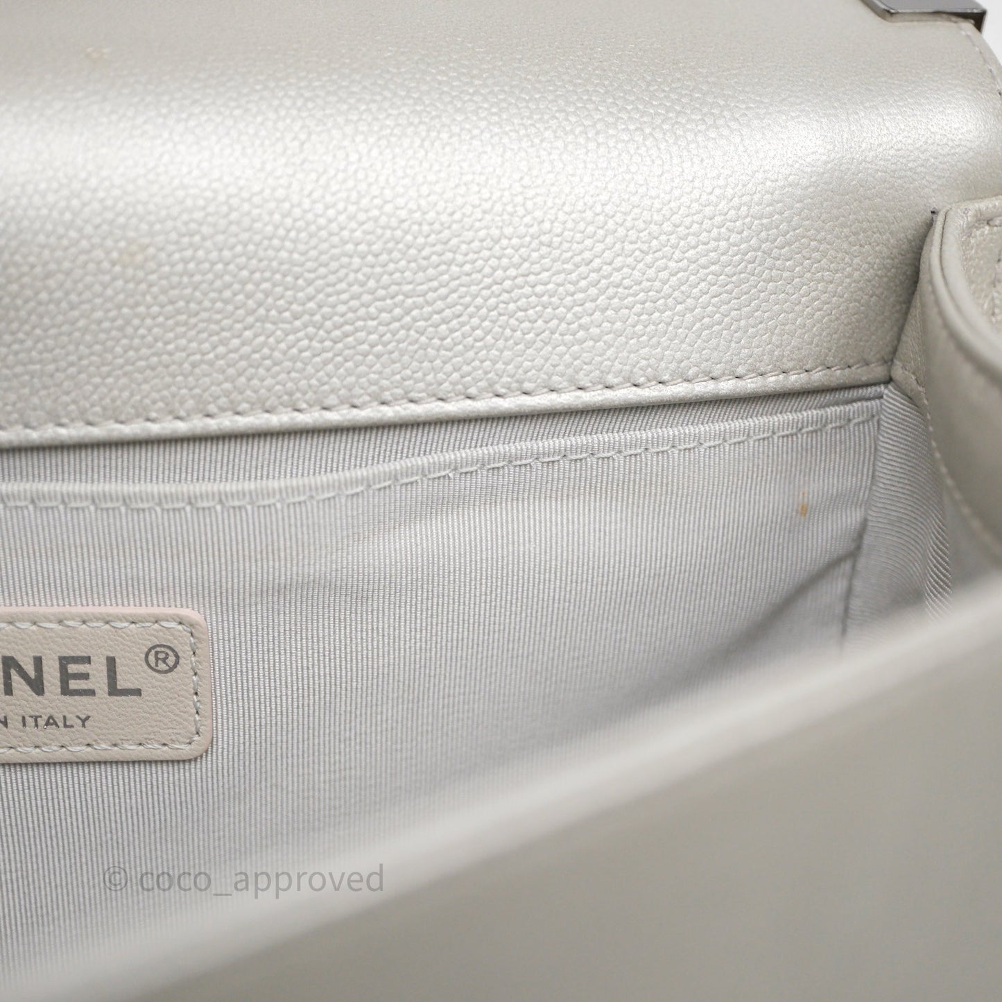Chanel Medium Boy Quilted Iridescent Silver Caviar Silver Hardware