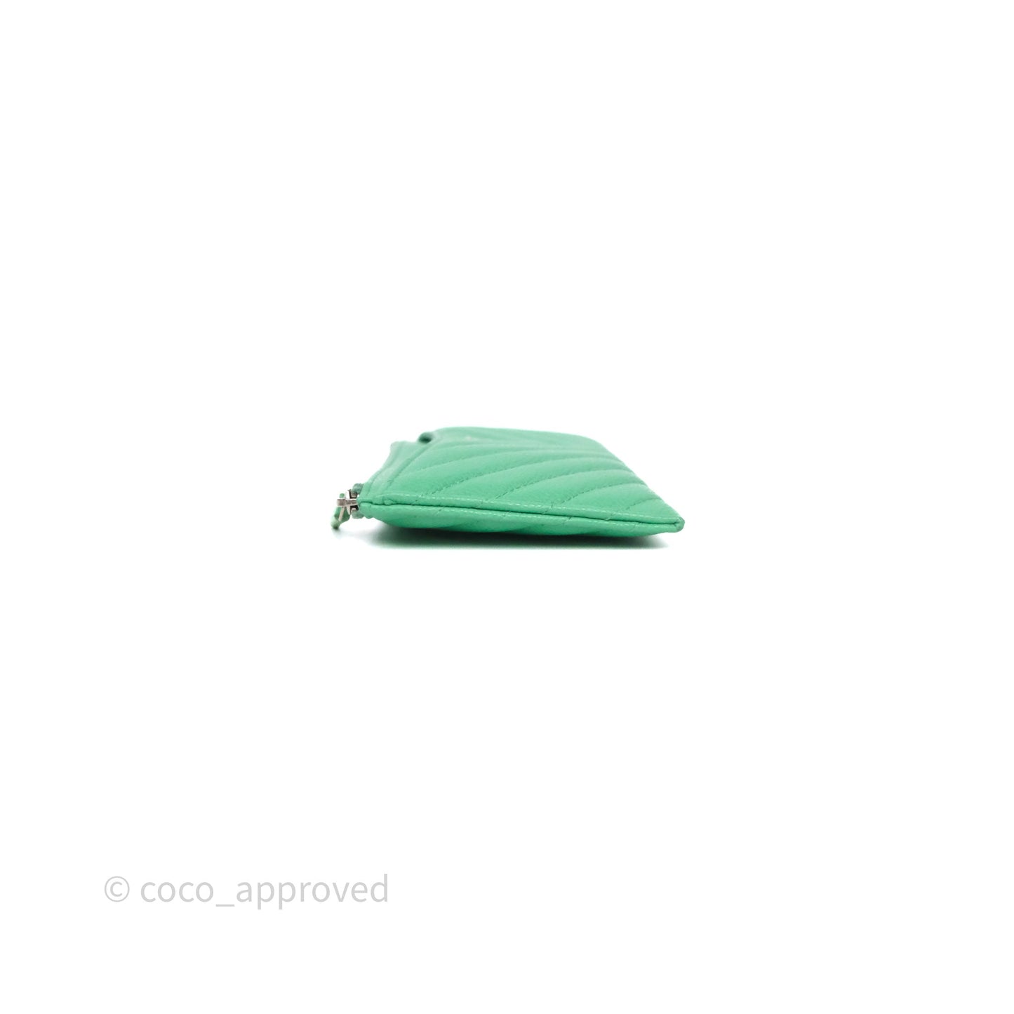 Chanel Long Zip Chevron Green Wallet Silver Hardware