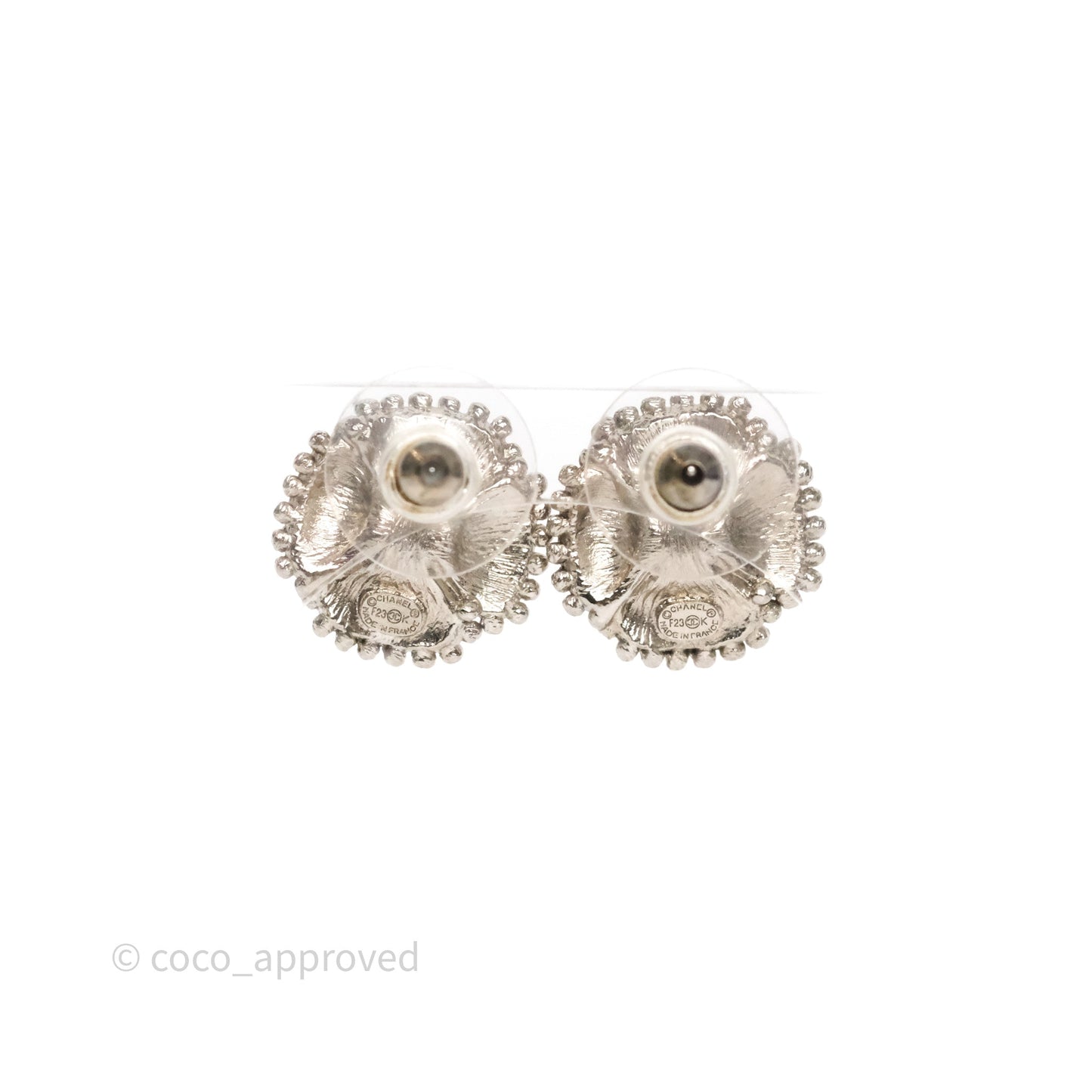 Chanel Flower Pearl Black Earrings Silver Tone 23K