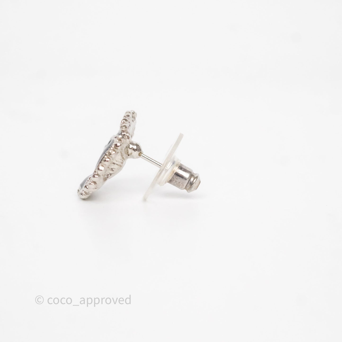 Chanel Flower Pearl Black Earrings Silver Tone 23K