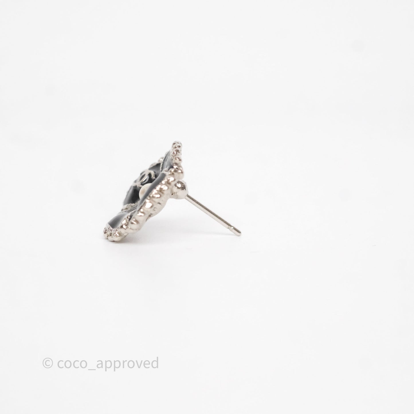Chanel Flower Pearl Black Earrings Silver Tone 23K
