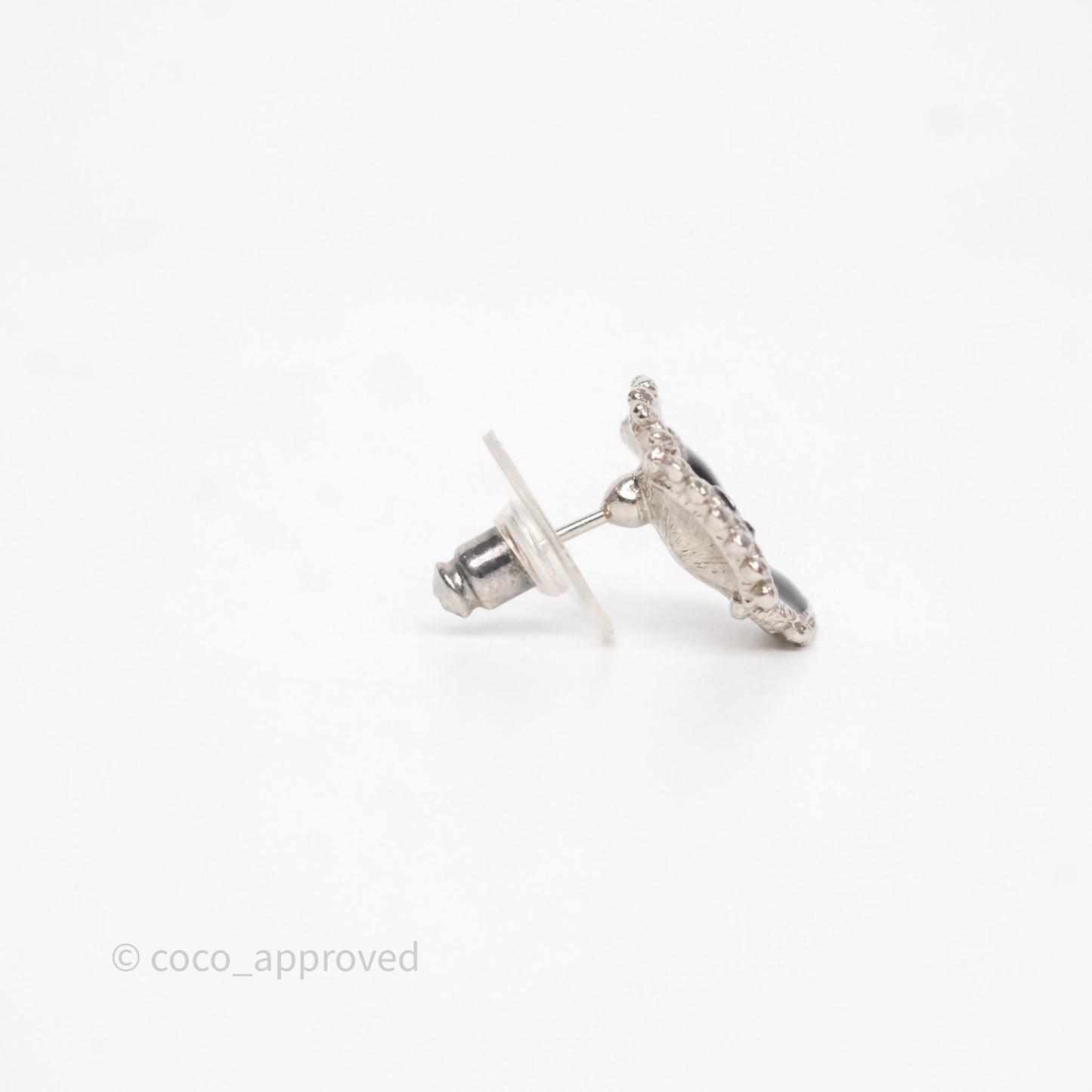 Chanel Flower Pearl Black Earrings Silver Tone 23K