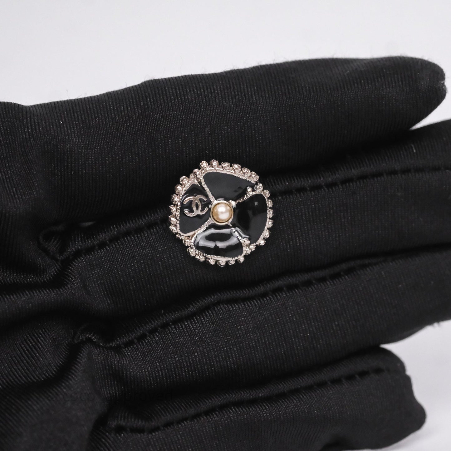 Chanel Flower Pearl Black Earrings Silver Tone 23K