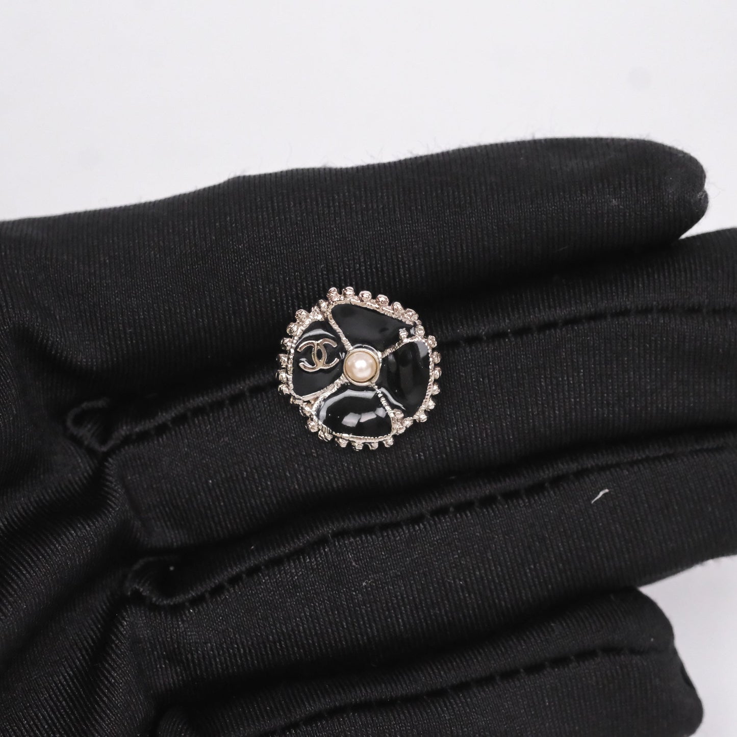 Chanel Flower Pearl Black Earrings Silver Tone 23K
