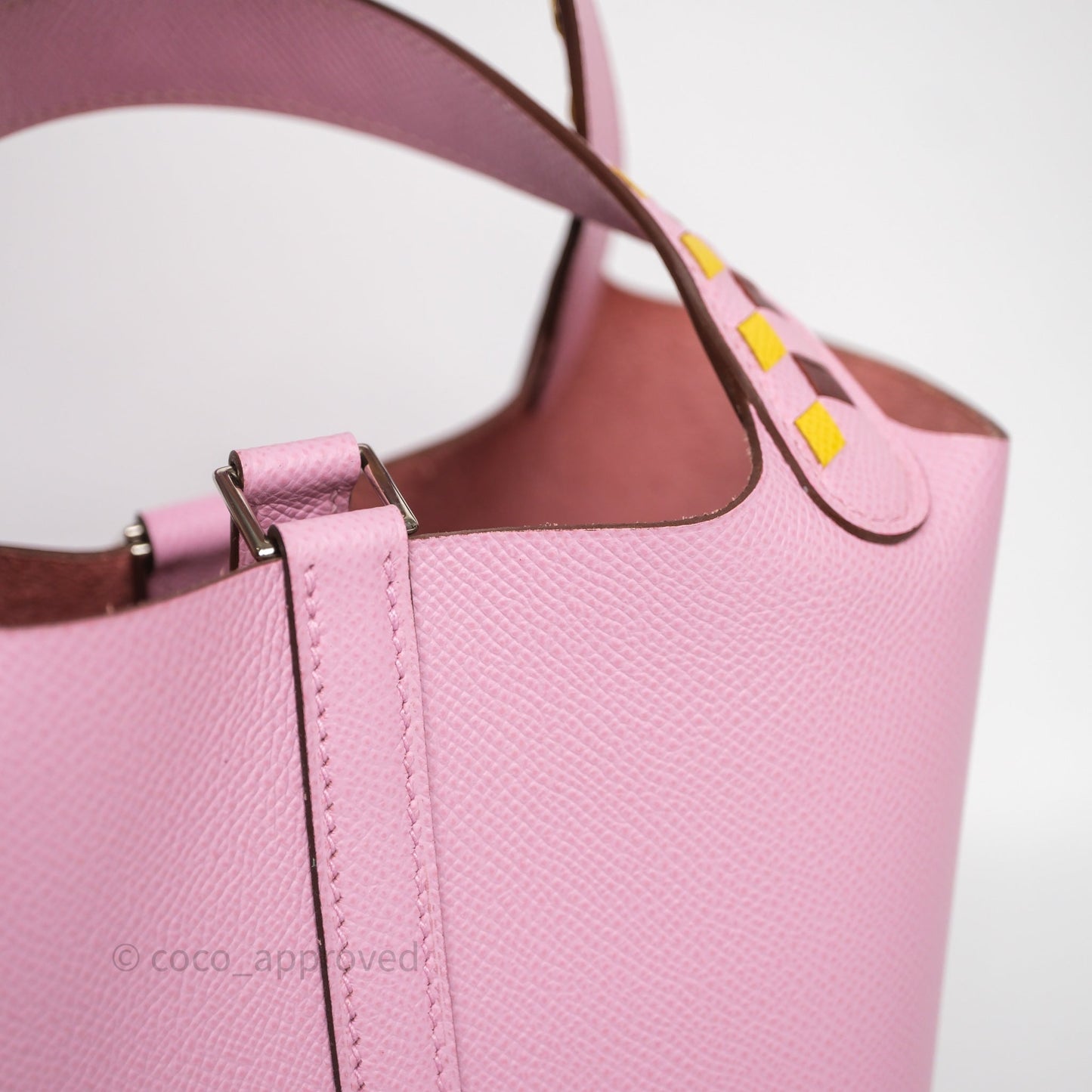 Hermès Tressage De Cuir Picotin Lock 18 Mauve Sylvestre X9/ Jaune de Naples 9O/Rouge H 55 Epsom Palladium Hardware