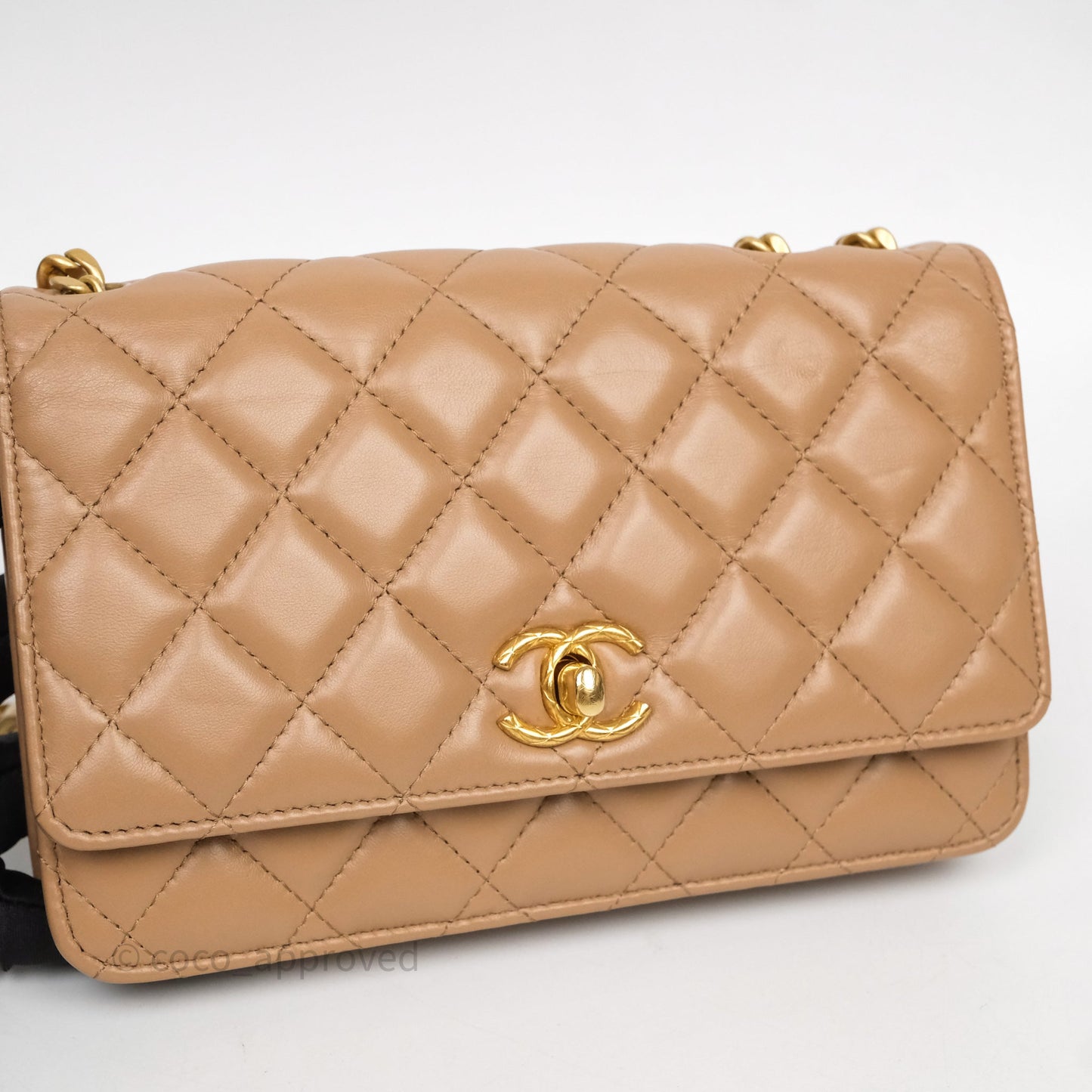 Chanel All Slide Wallet on Chain WOC Adjustable Chain Quilted Beige Lambskin