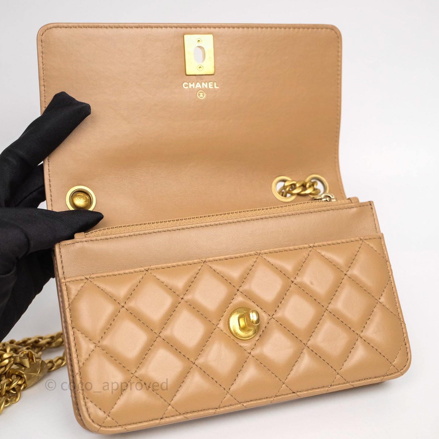 Chanel All Slide Wallet on Chain WOC Adjustable Chain Quilted Beige Lambskin