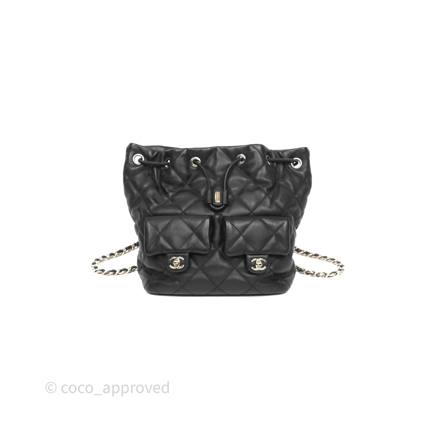 Chanel Double Pocket Black Bucket Bag Calfskin Gold Hardware