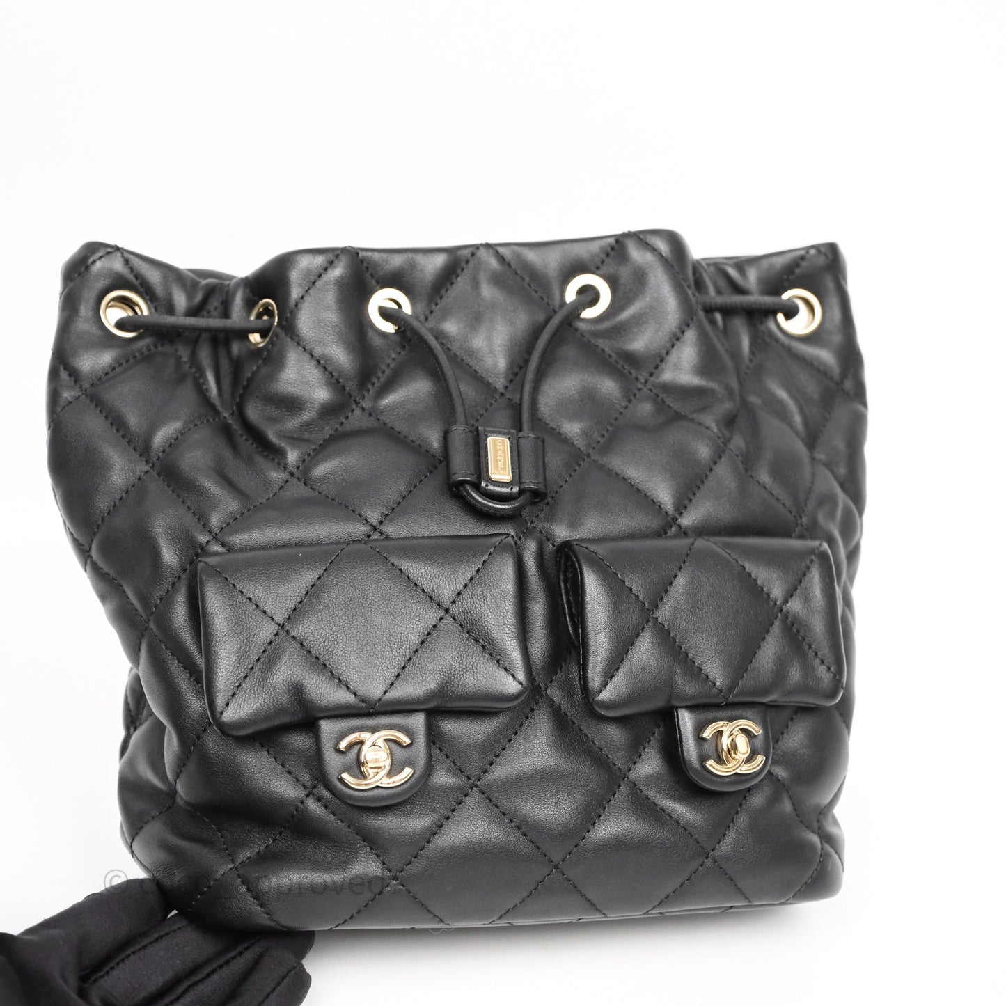 Chanel Double Pocket Black Bucket Bag Calfskin Gold Hardware