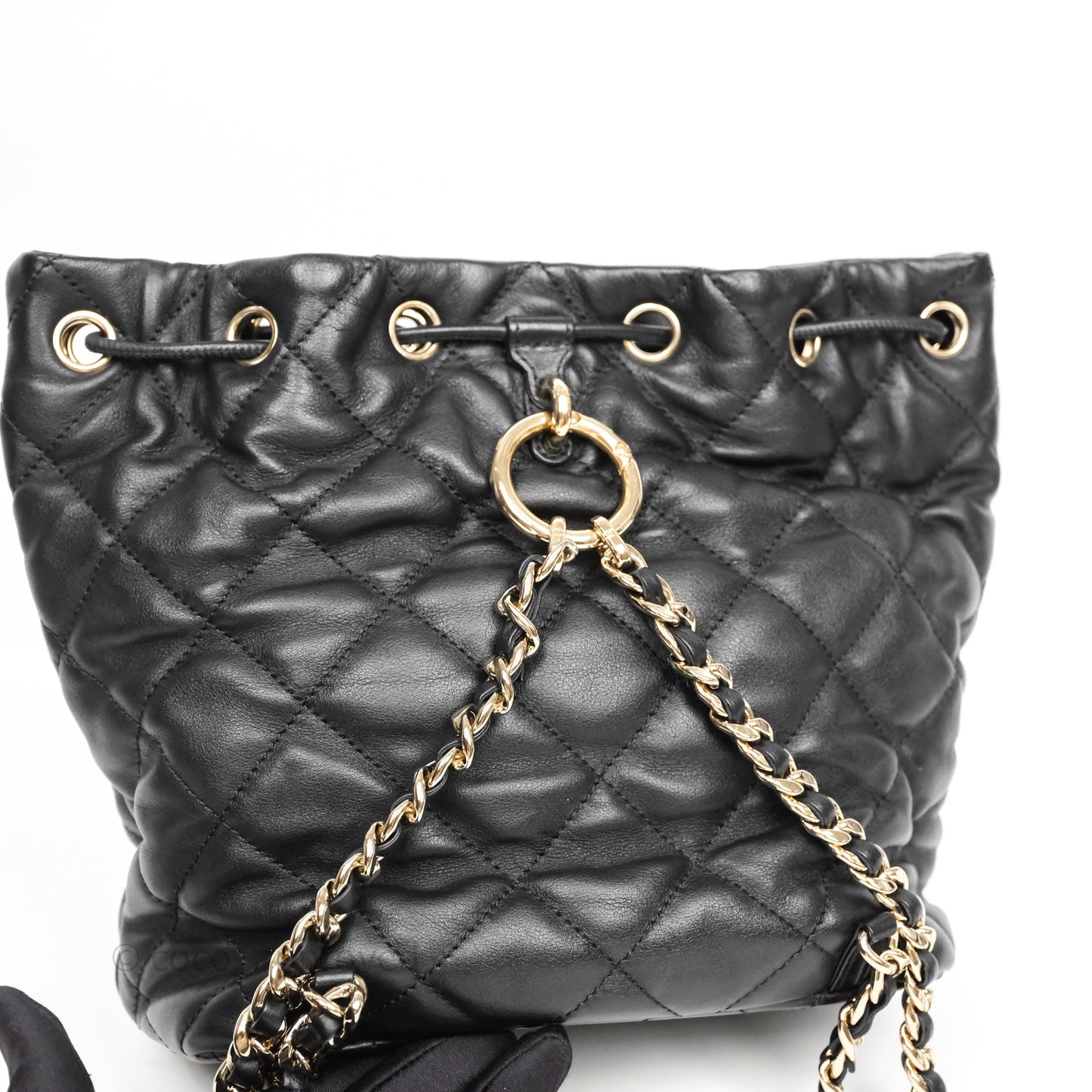 Chanel Double Pocket Black Bucket Bag Calfskin Gold Hardware