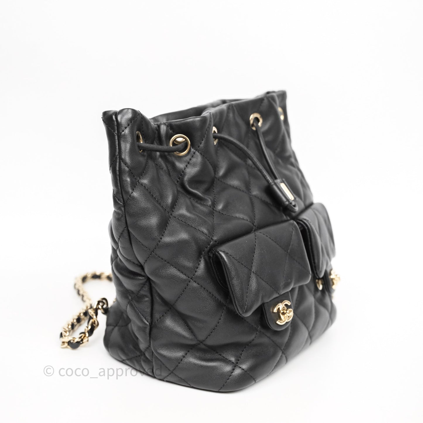 Chanel Double Pocket Black Bucket Bag Calfskin Gold Hardware