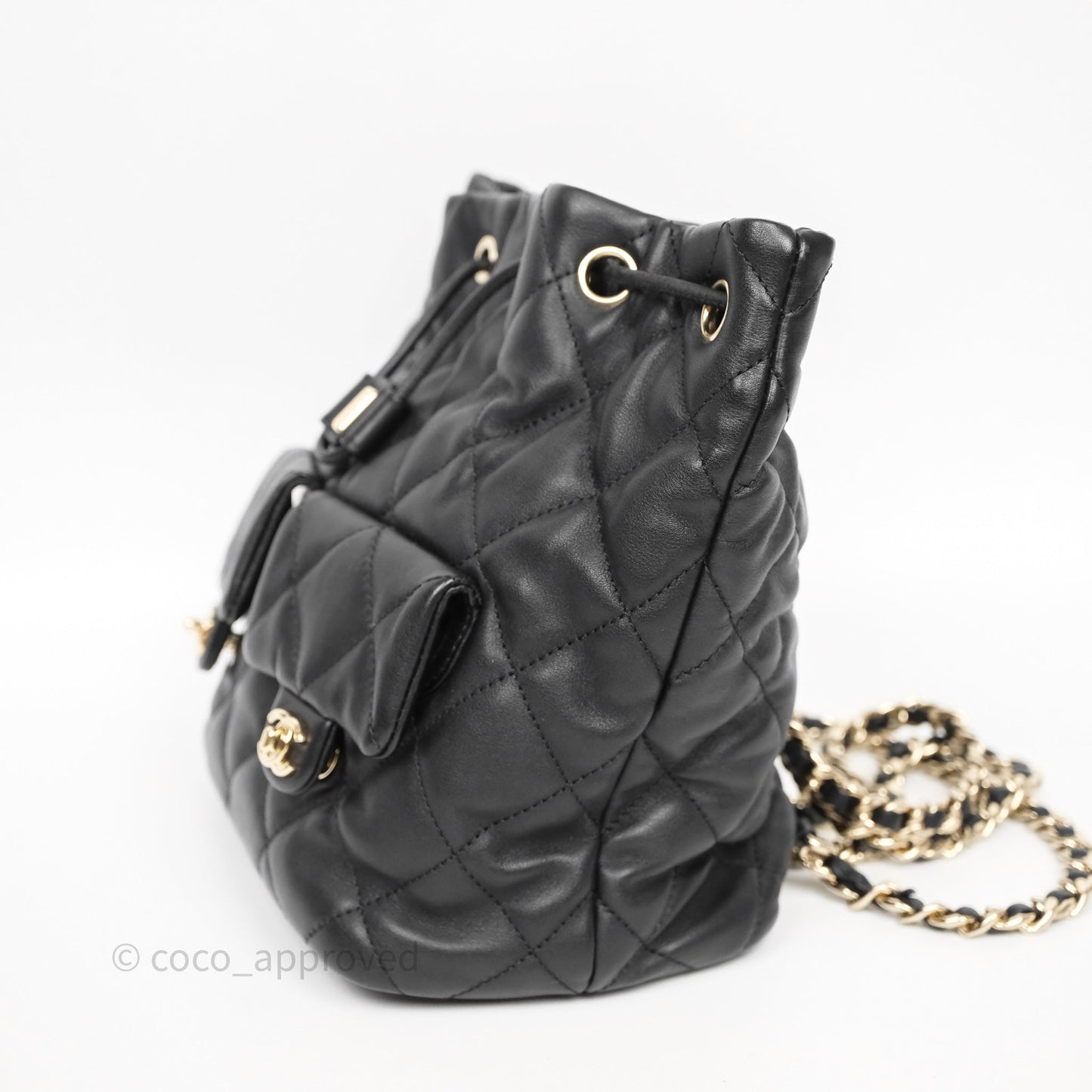 Chanel Double Pocket Black Bucket Bag Calfskin Gold Hardware