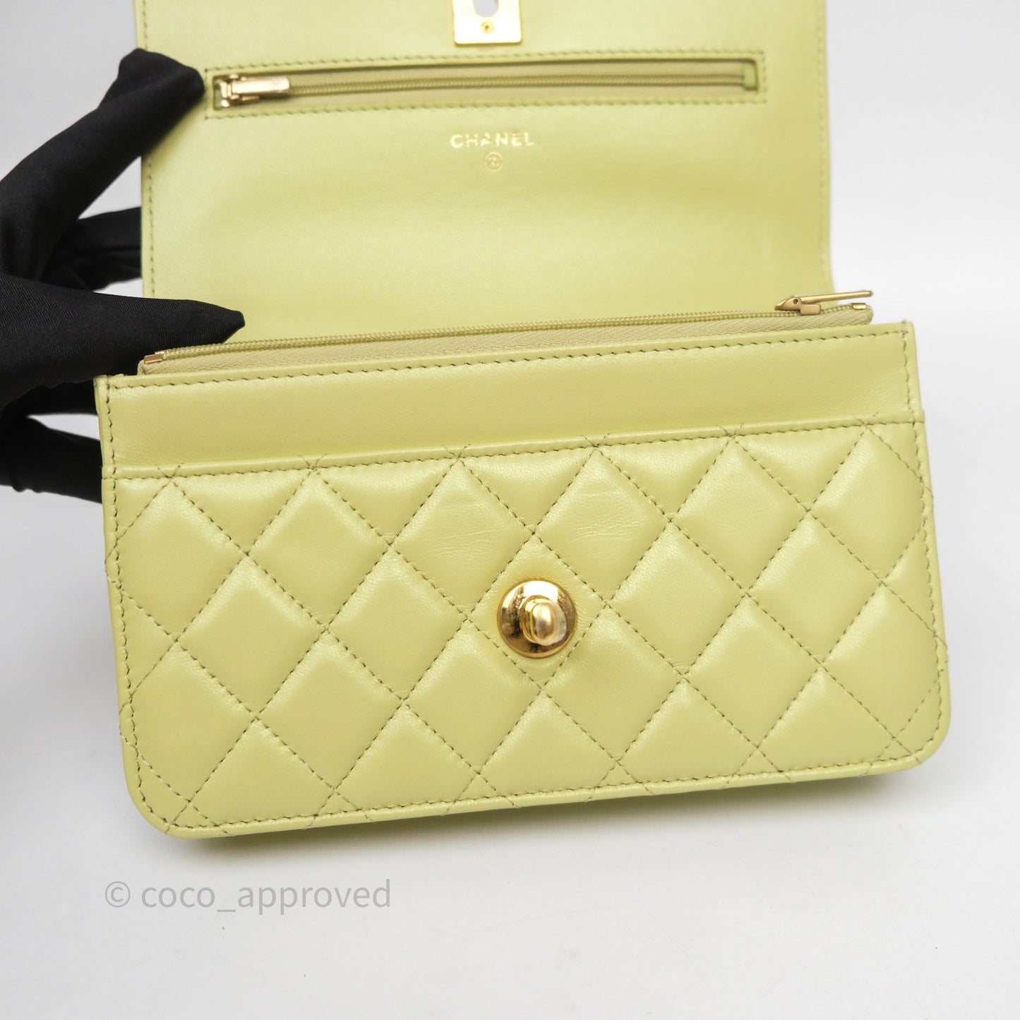 Chanel Double Chain WOC Iridescent Avocado Green Lambskin Aged Gold Hardware 23C