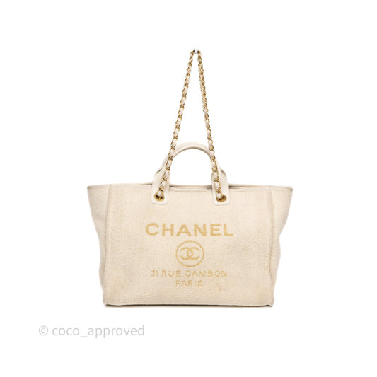 Chanel Large Deauville Ivory Lurex Boucle Gold Hardware 19A