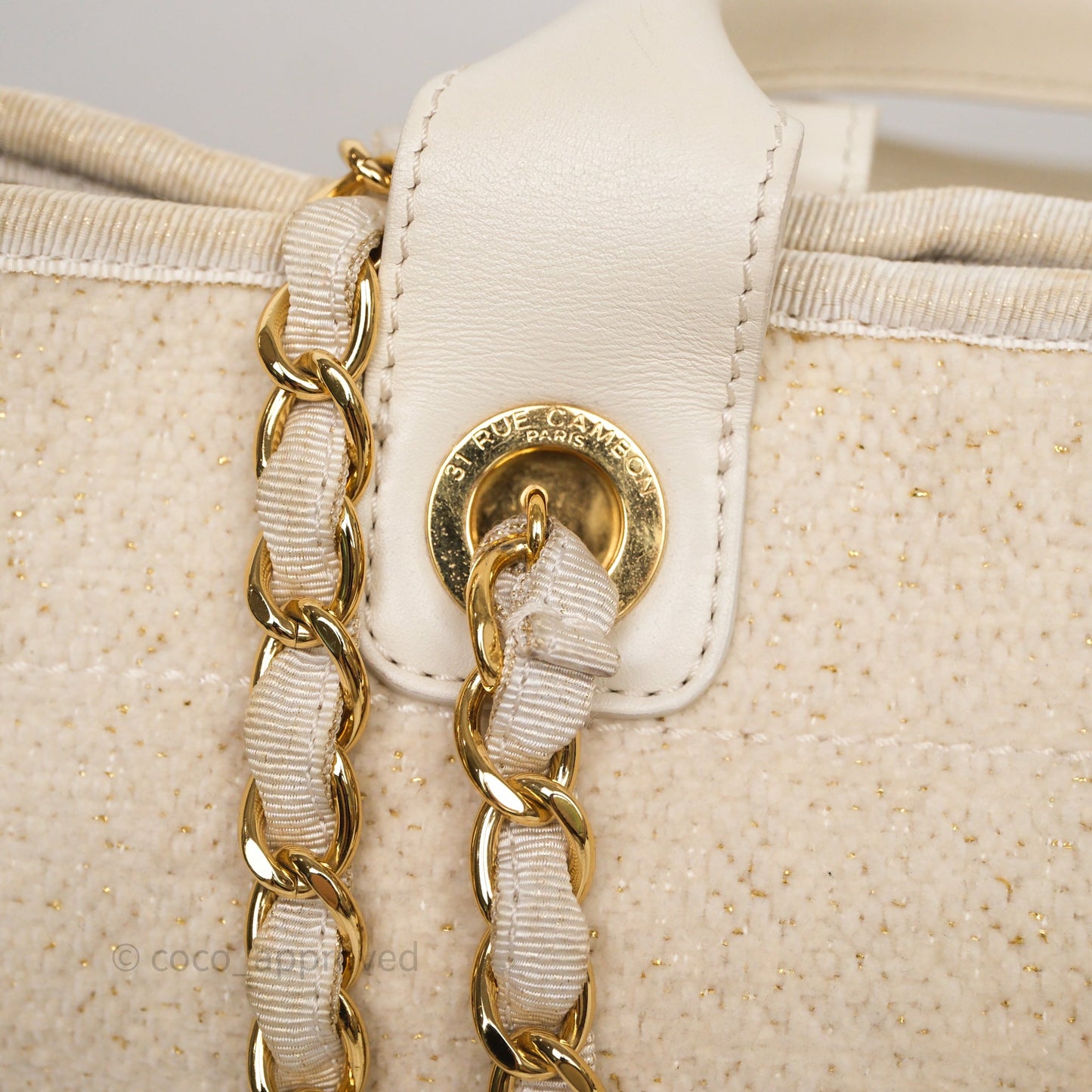 Chanel Large Deauville Ivory Lurex Boucle Gold Hardware 19A
