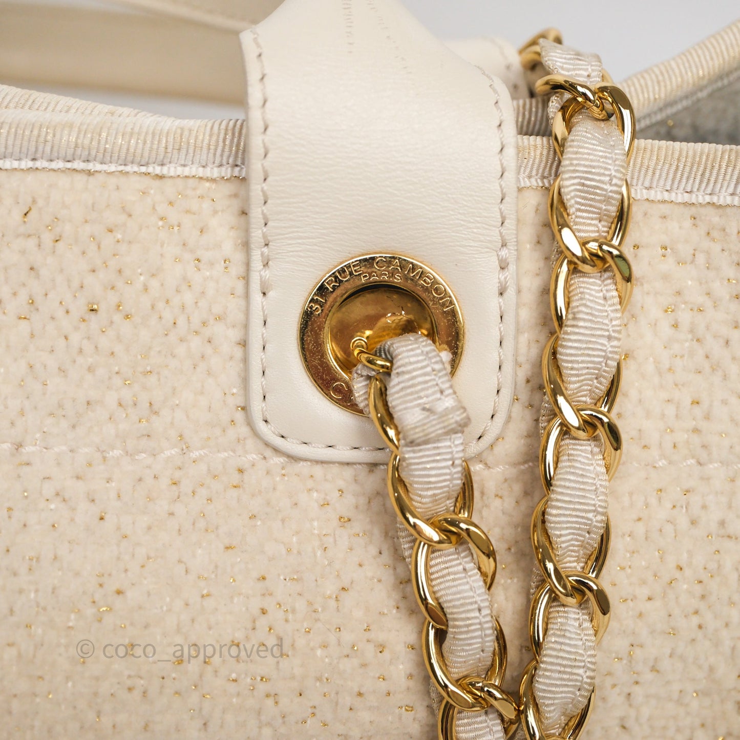 Chanel Large Deauville Ivory Lurex Boucle Gold Hardware 19A